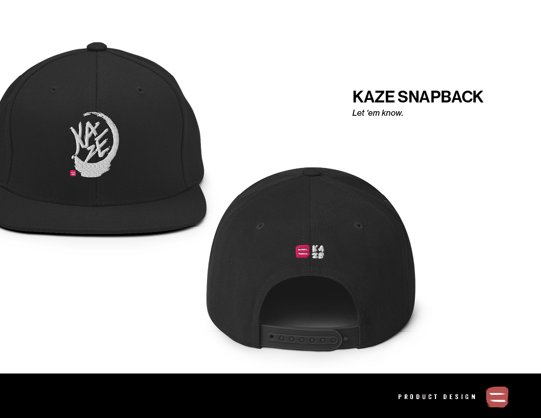 Two black snapback hats with brand logos, one front view and one rear view, featuring a pink, white, and black logo and a curved brim, displayed against a white background with text indicating 'KAZE SNAPBACK' and 'Let 'em know.'