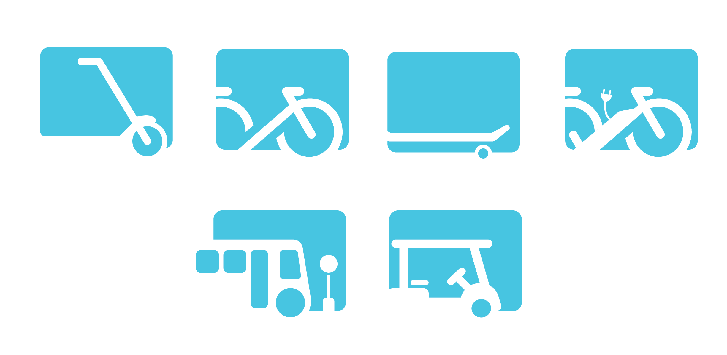Collection of blue icons featuring scooters, bicycles, shopping cart, delivery truck, table with a delivery box, and wheelchair.