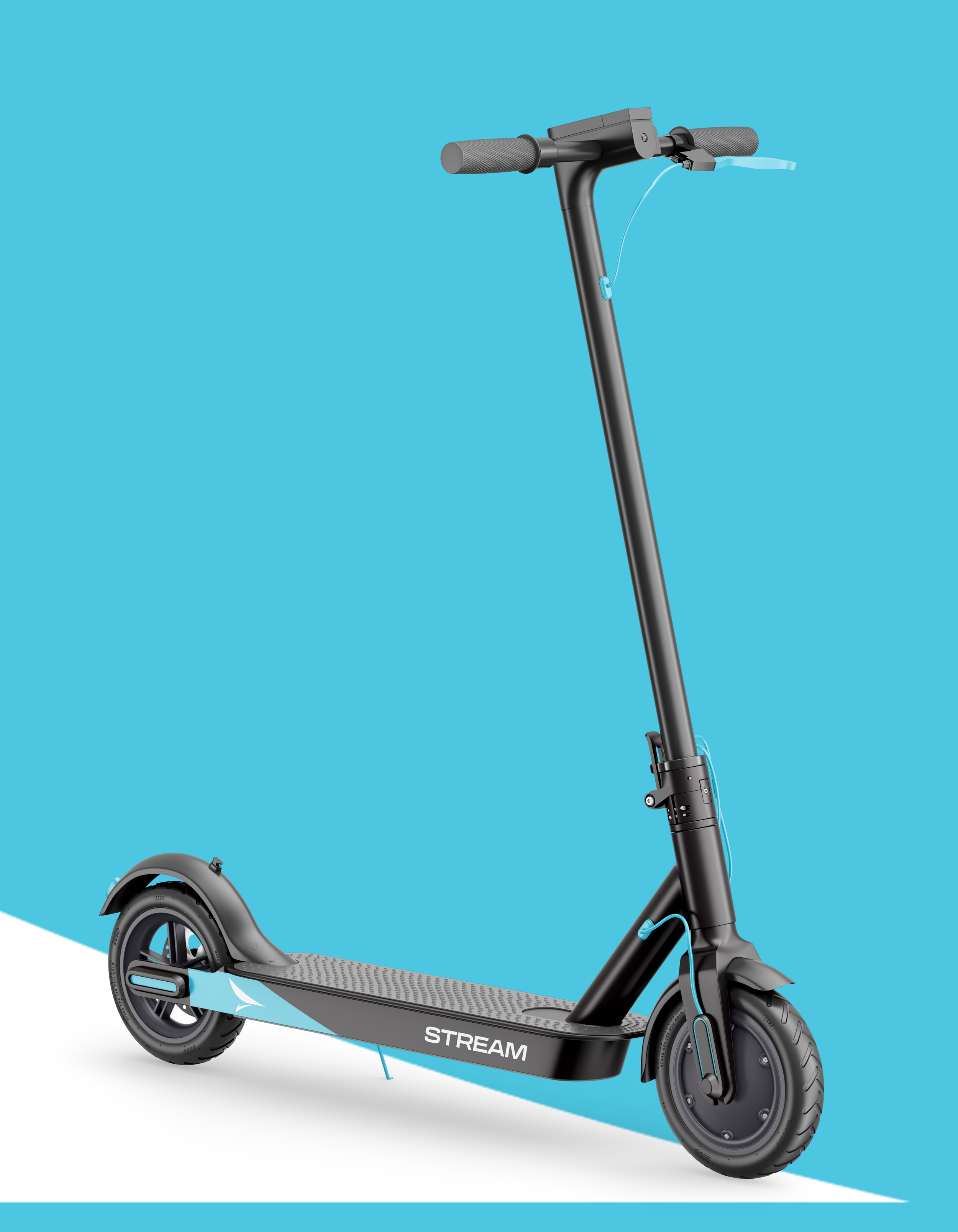 Gray electric scooter with black wheels and blue accents, branded 'STREAM', standing against a blue and white background.