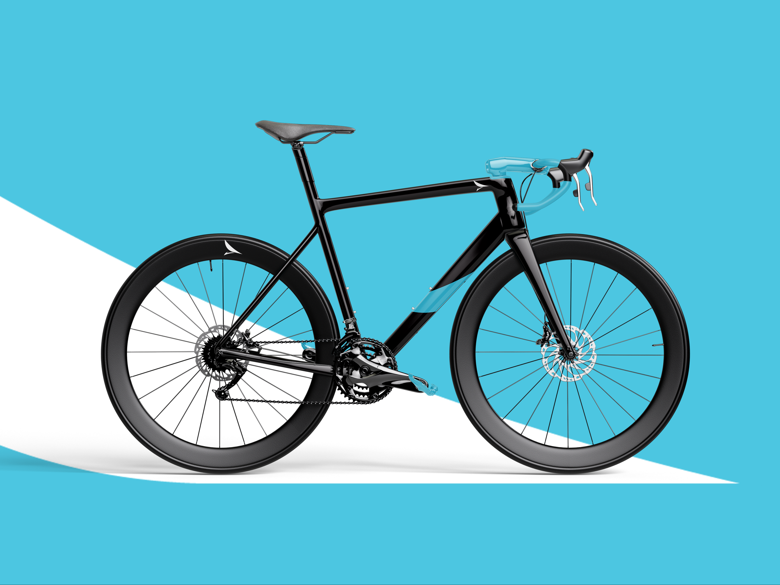 A black and blue bicycle with disc brakes on the front and rear wheels, displayed against a background with a white, blue, and black geometric design.