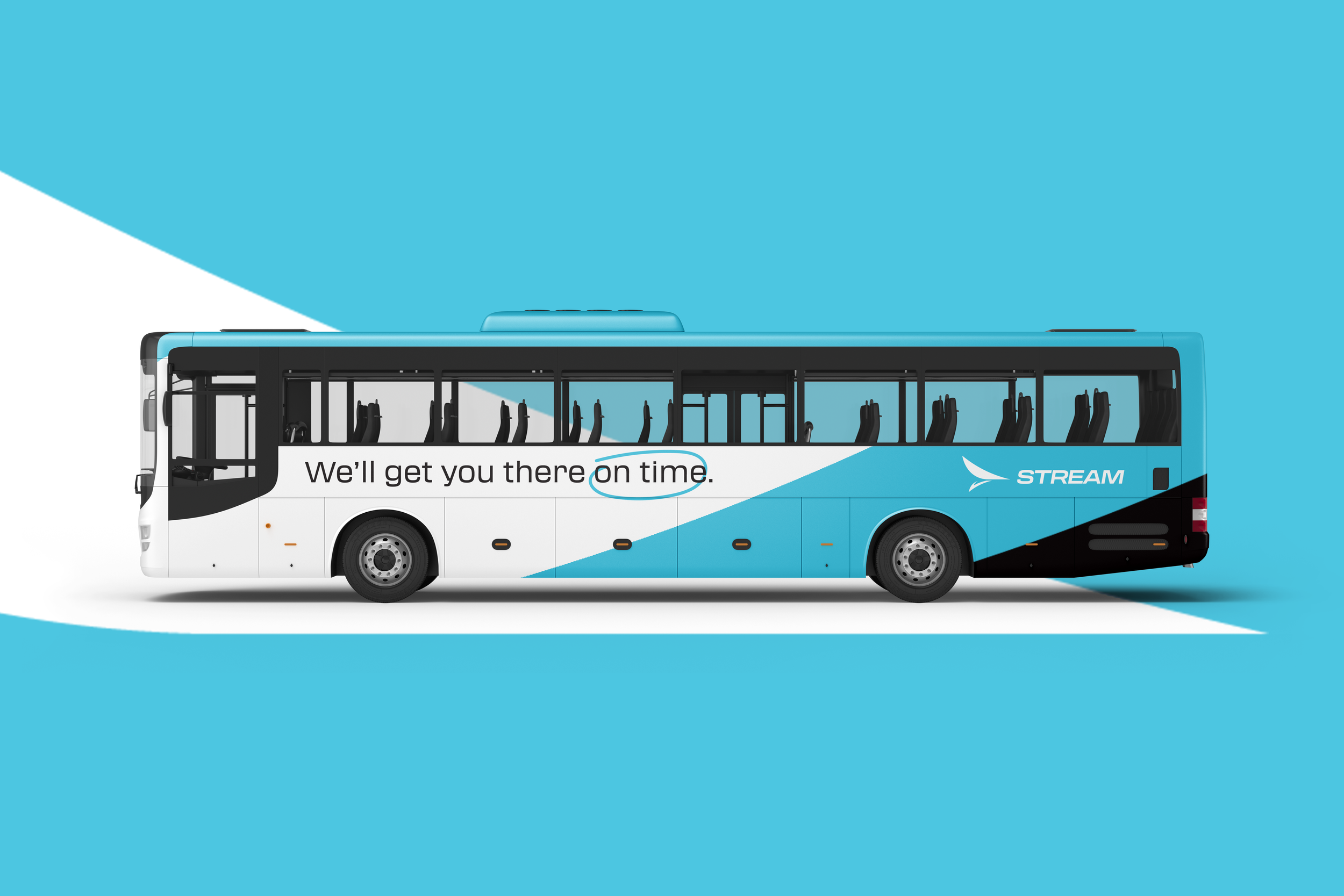 A modern bus with a blue and white color scheme and the words 'We'll get you there on time' written on the side.