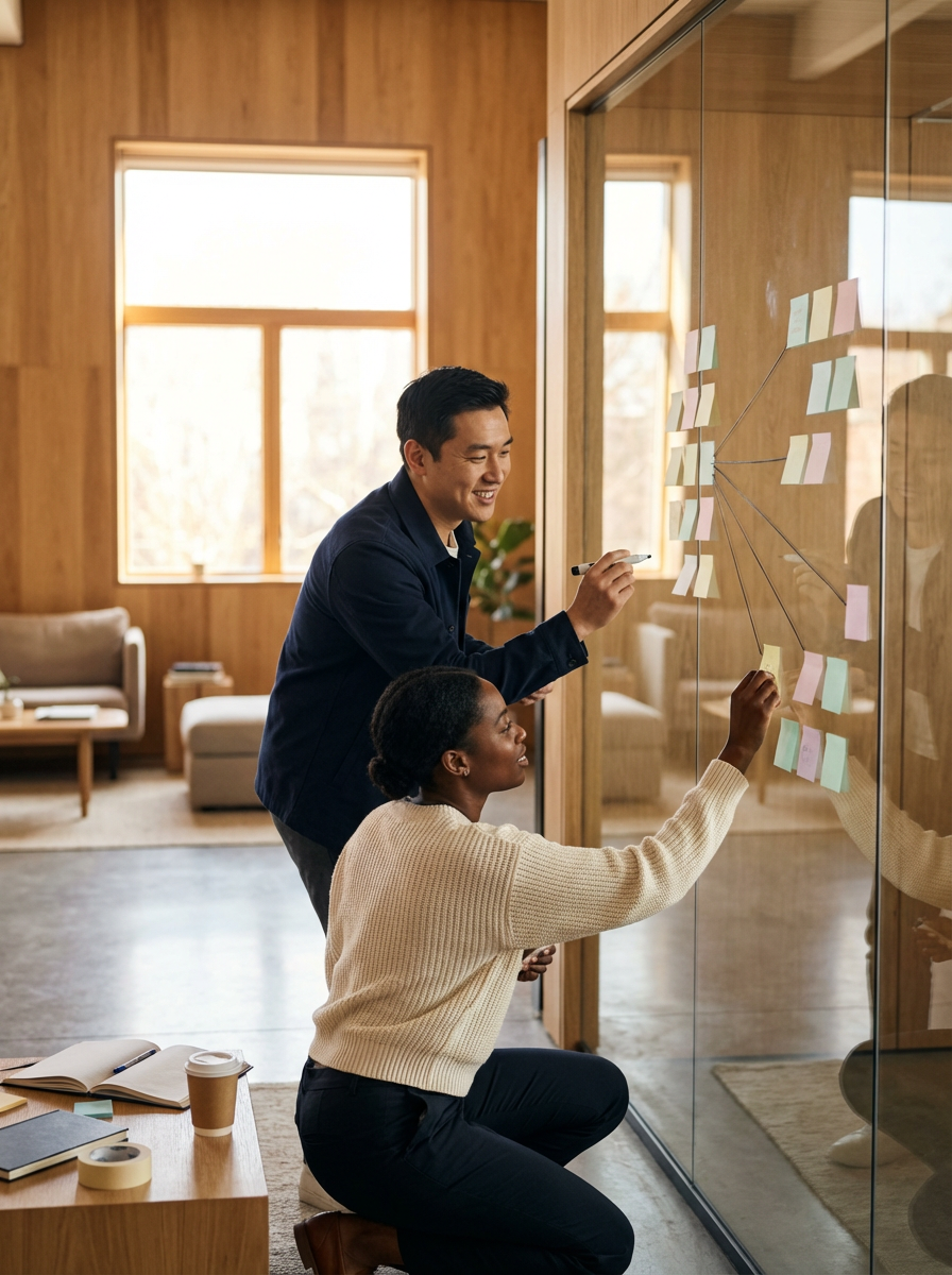 Two people working together using sticky notes on a glass wall in an office with wooden walls and large windows.