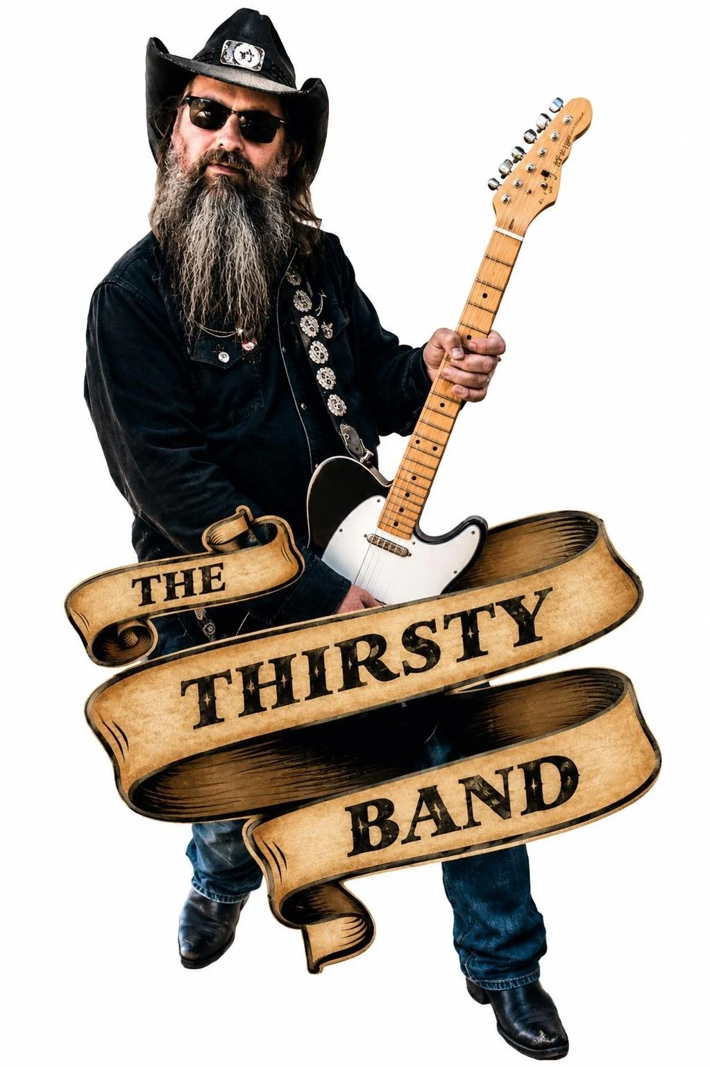 A man with a long gray beard, sunglasses, black cowboy hat, black jacket, and jeans is holding an electric guitar. There is a banner with the text "The Thirsty Band" in front of him.