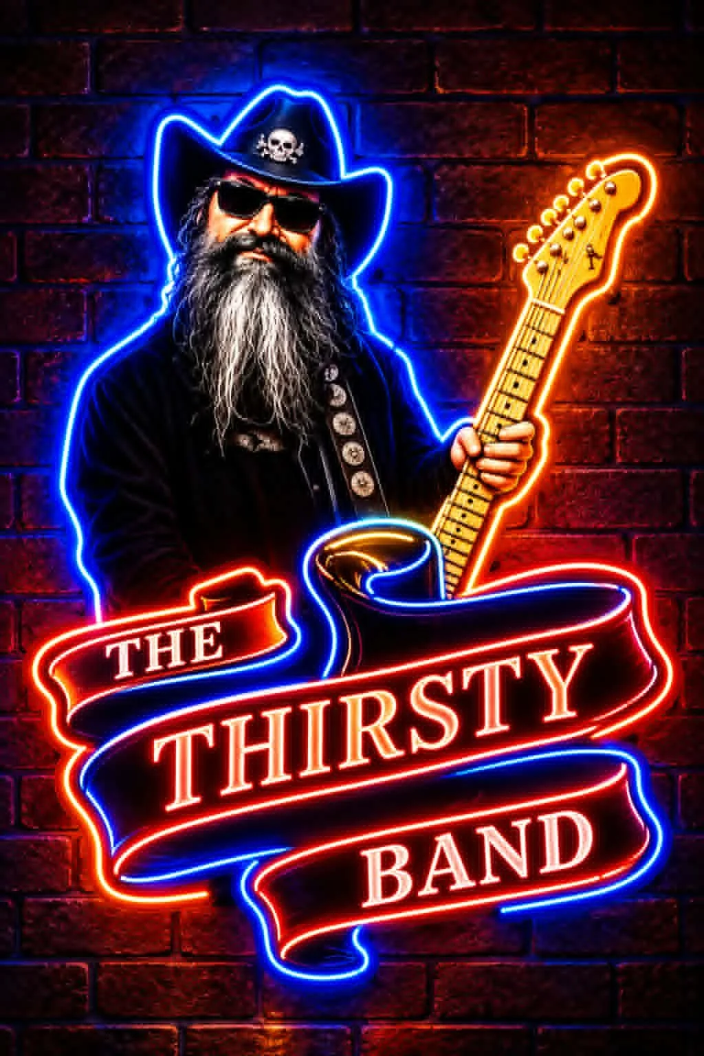 Neon sign of a bearded man wearing sunglasses and a cowboy hat with a skull emblem, holding an electric guitar, in front of a brick wall, with text reading 'The Thirsty Band'.