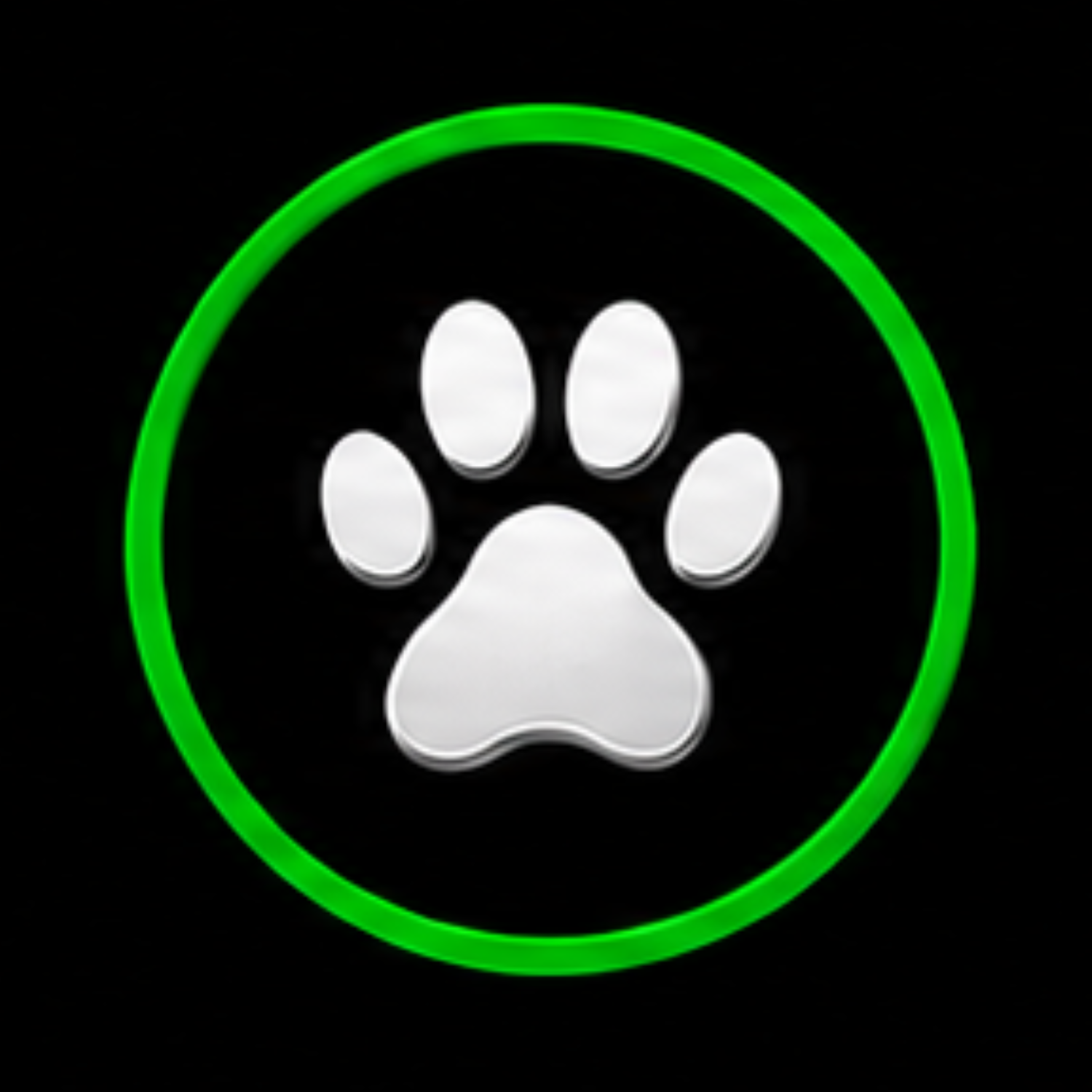 A white paw print icon outlined with a green circle on a black background.