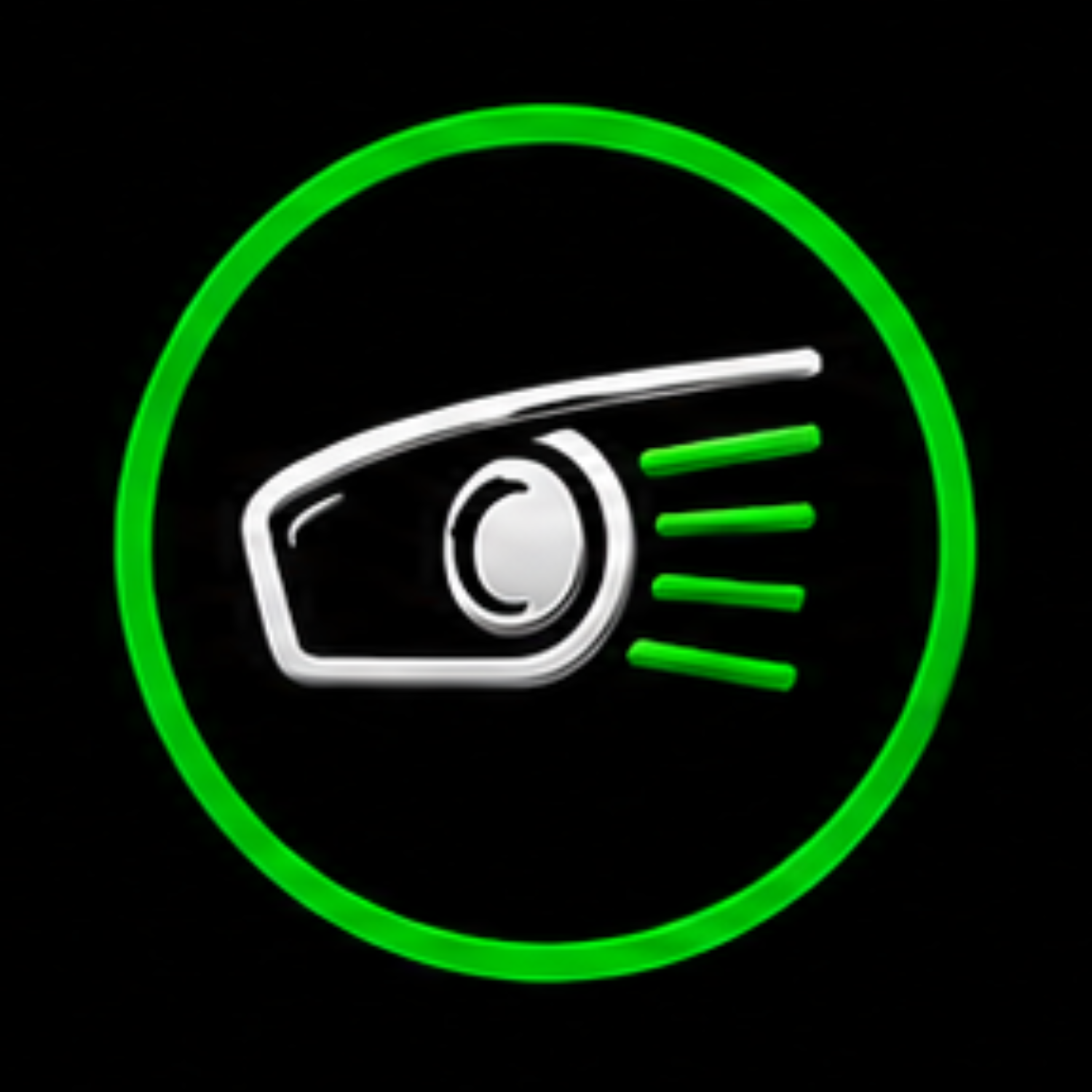Neon sign of a speeding car headlight with green rays and a green outer circle on a black background