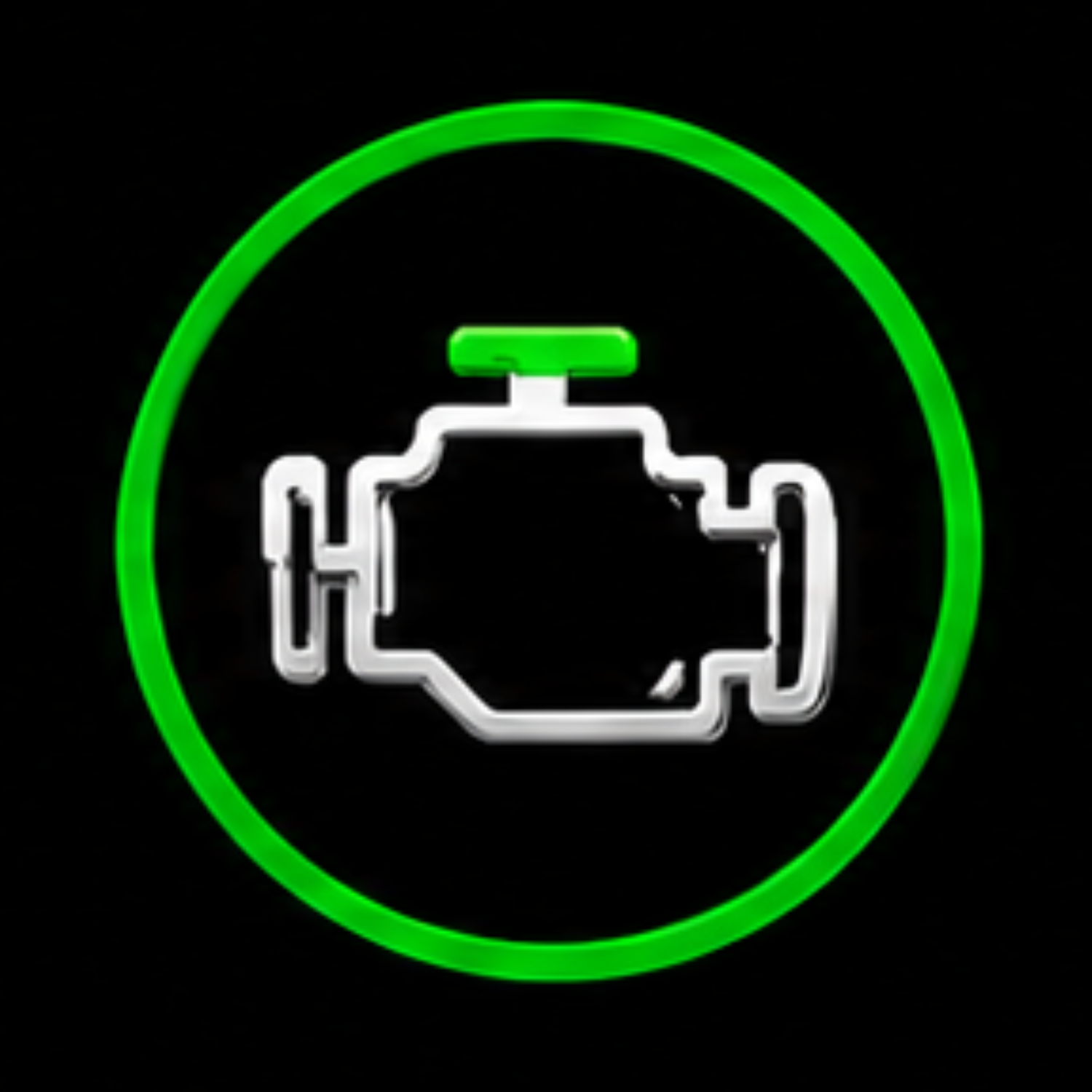 Neon sign of an engine with a green circle outline.