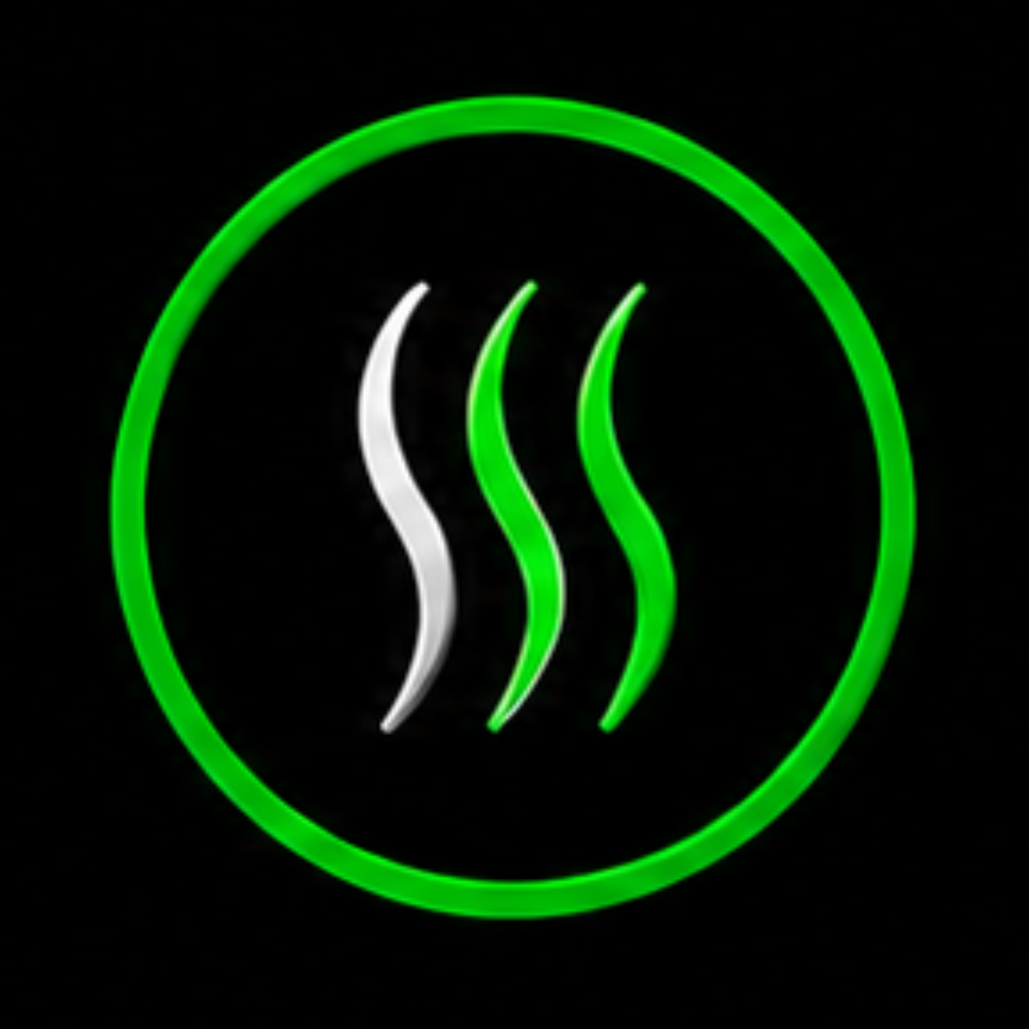 Neon green circle with three white and green wavy lines inside on a black background.