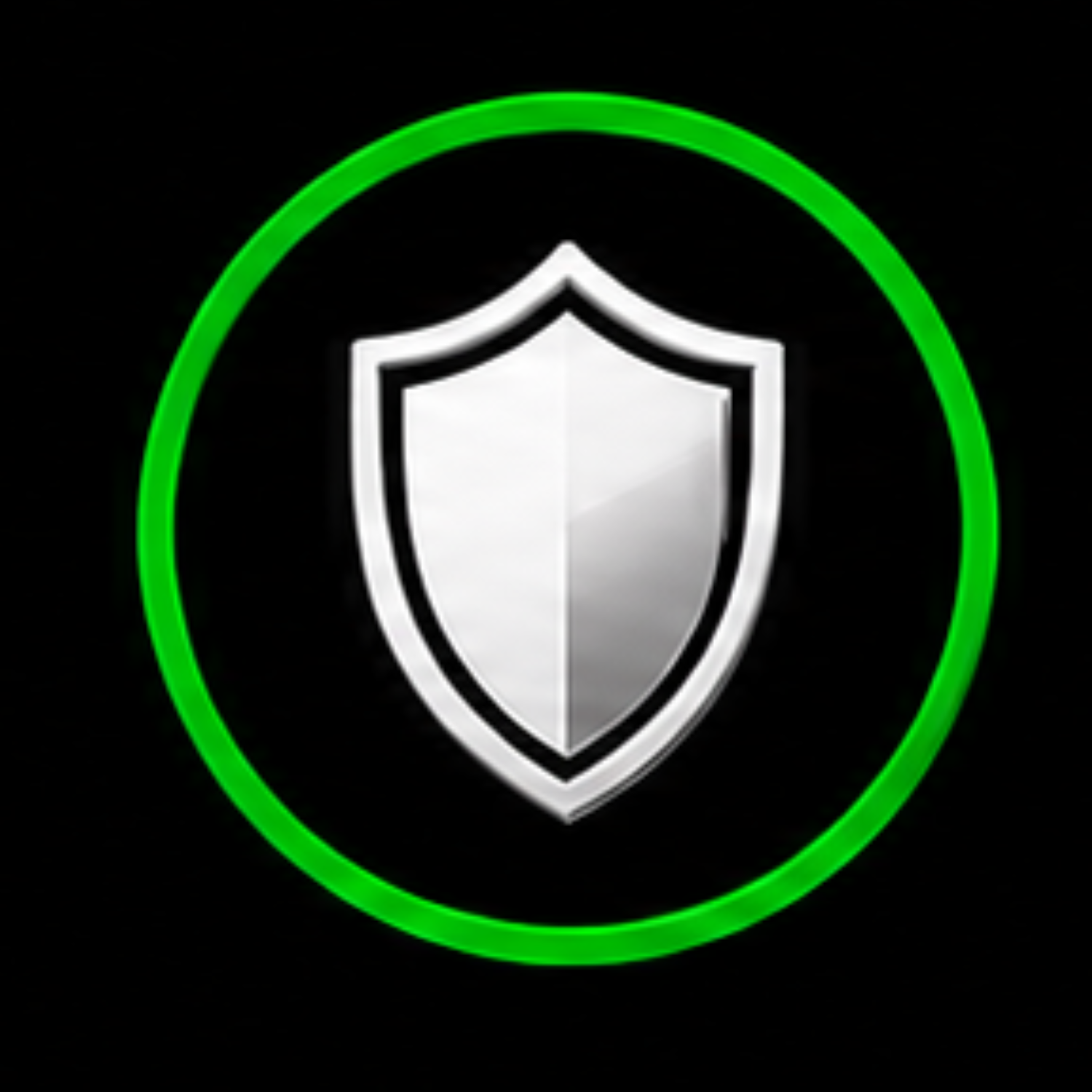 A digital shield icon with a metallic appearance inside a glowing green circle on a black background.