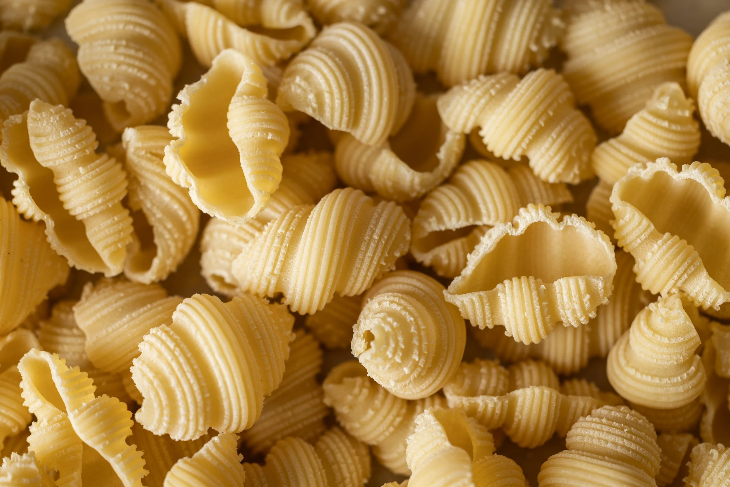 Close-up of uncooked cavatappi pasta with ridged, spiral-shaped tubes