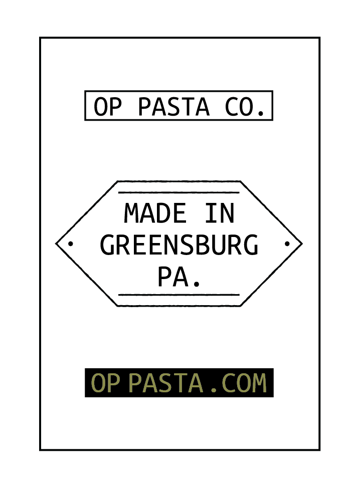 Logo for OP Pasta Co., indicating it is made in Greensburg, Pennsylvania, with the website oppasta.com