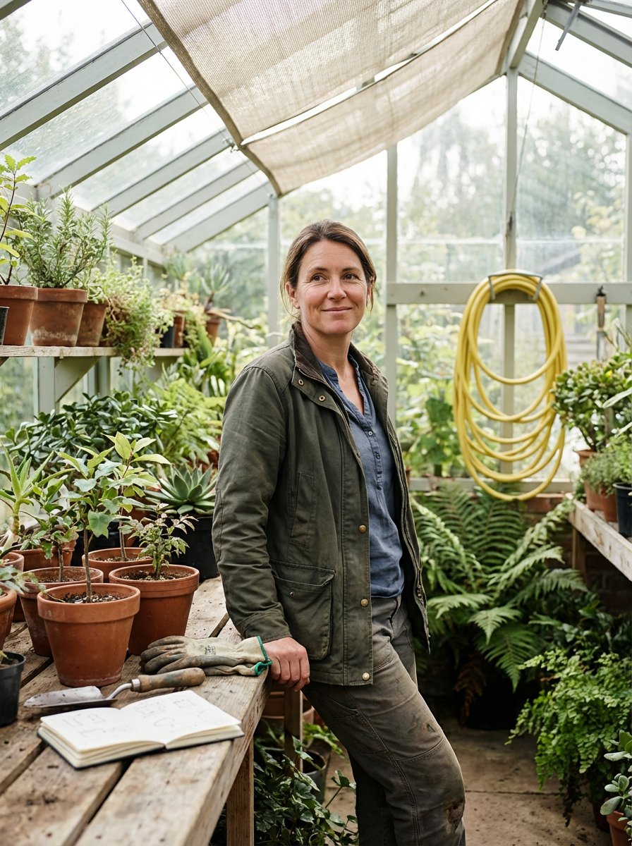 A woman standing inside a greenhouse surrounded by various potted plants and ferns. She is leaning on a wooden table with gardening tools and an open notebook. The greenhouse is filled with natural light and has a yellow garden hose hanging on the wall.