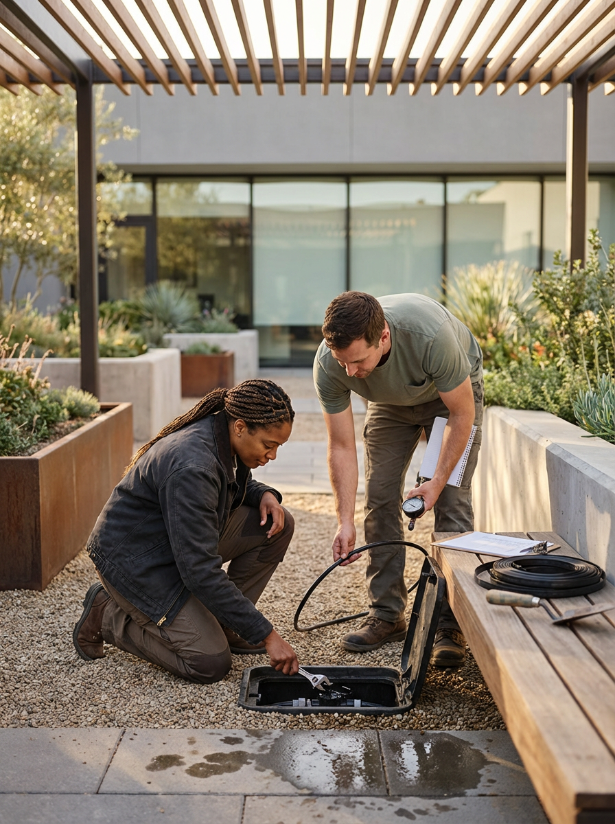 Two technicians inspecting underground equipment in a landscaped outdoor area with planters and a modern building in the background.