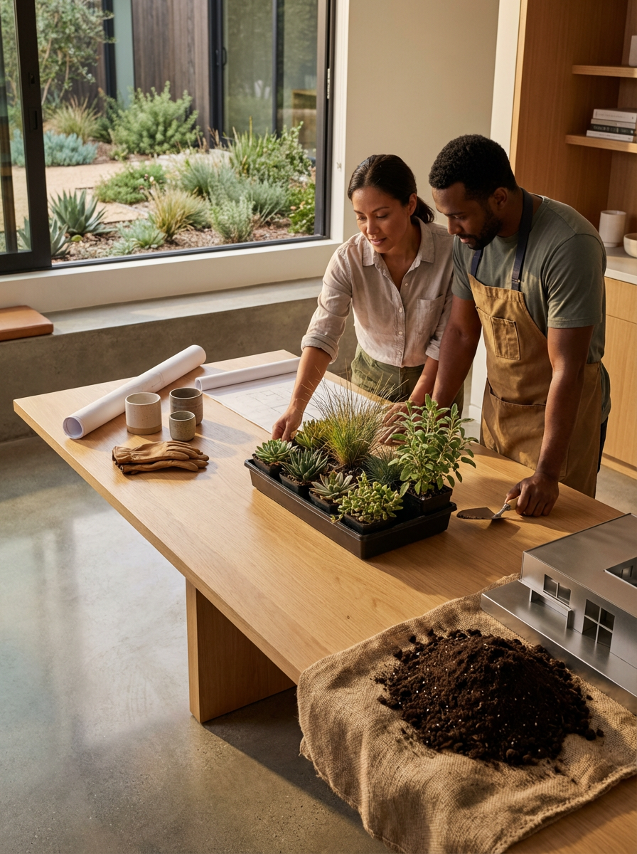 Two people planting succulents and other plants in a container on a wooden table indoors, with gardening tools, pots, and soil nearby.