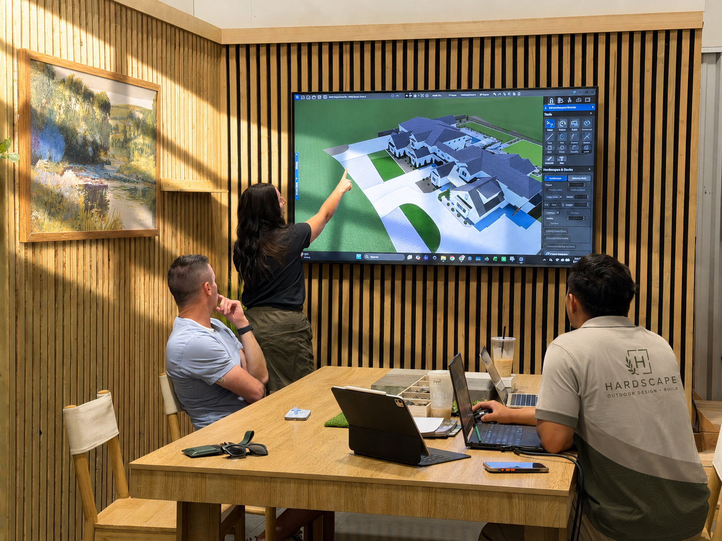 Customers reviewing a live 3d design in a beautiful room 
