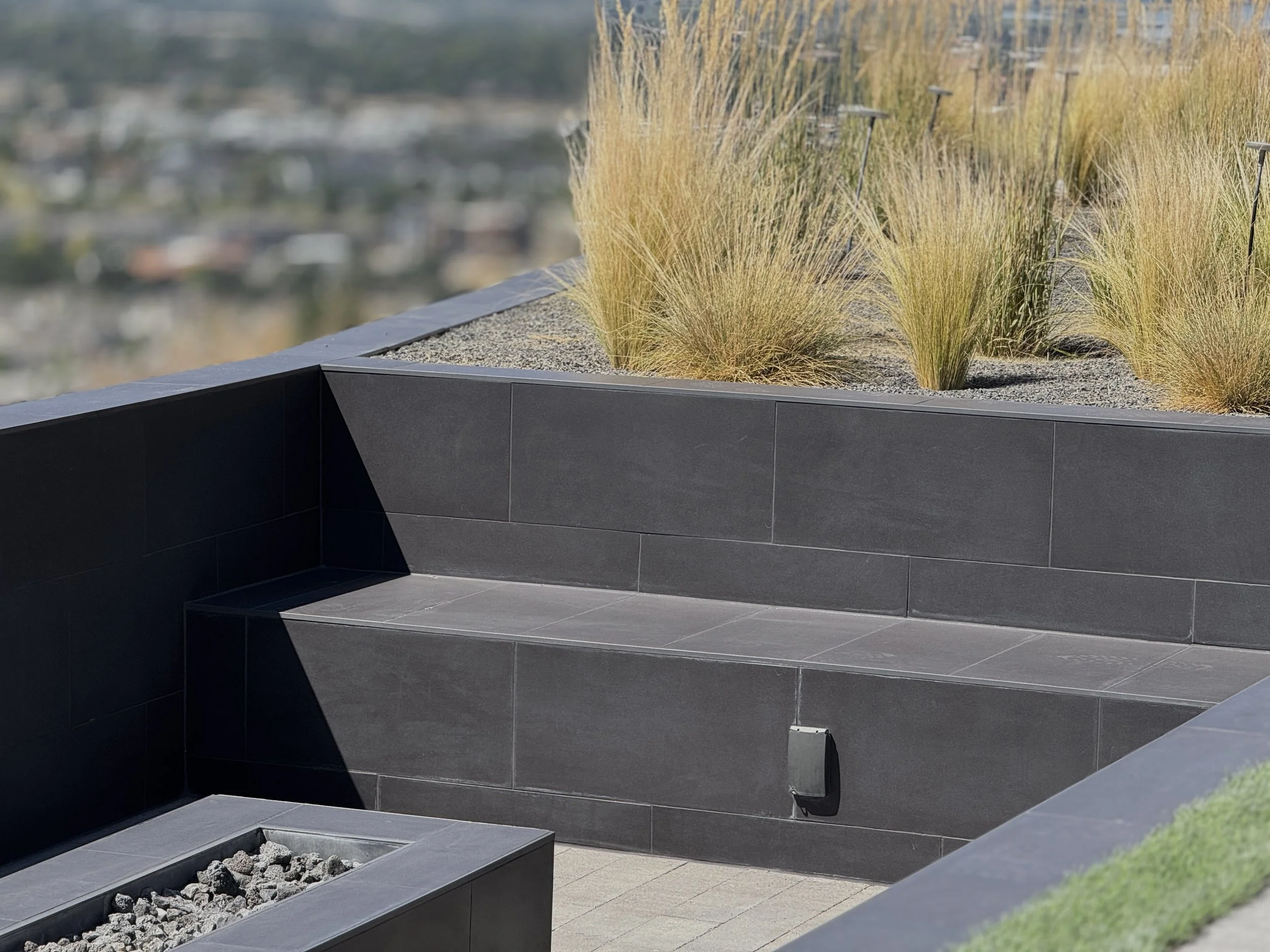 A rooftop garden with tall ornamental grasses and black planter boxes made of dark stone tiles. The background appears to be a blurred cityscape.
