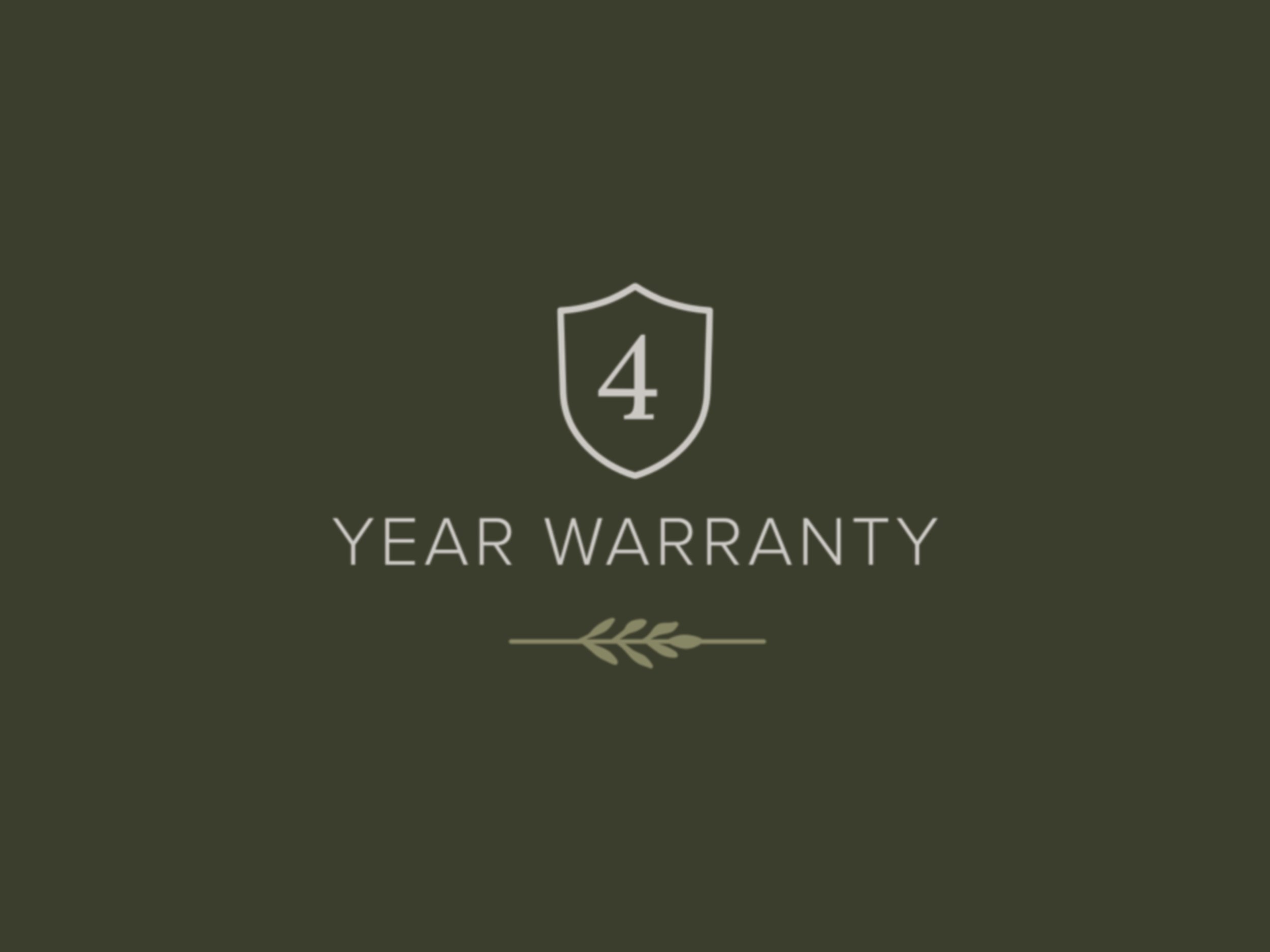 Green background with a shield icon displaying the number 4, and the text 'Year Warranty' underneath, with a small decorative leaf element below.