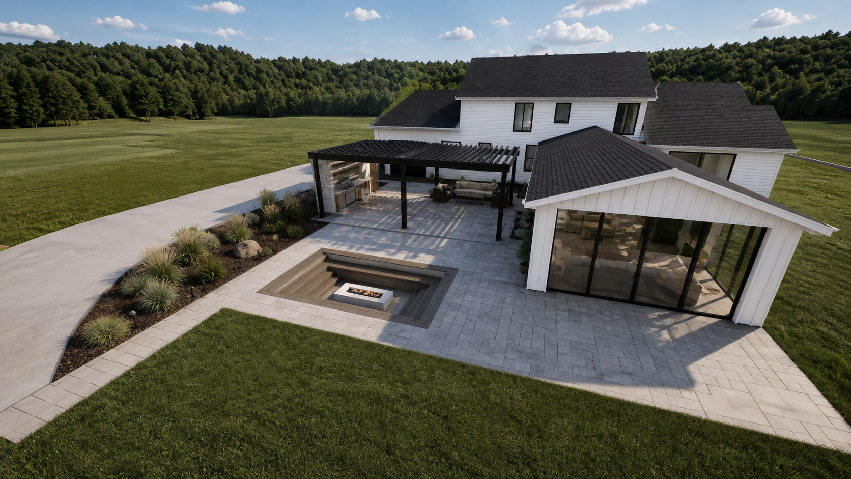 A backyard patio with a fire pit, outdoor seating, a pergola with a grill, and large glass doors leading into a house, surrounded by a lawn and trees in the background.
