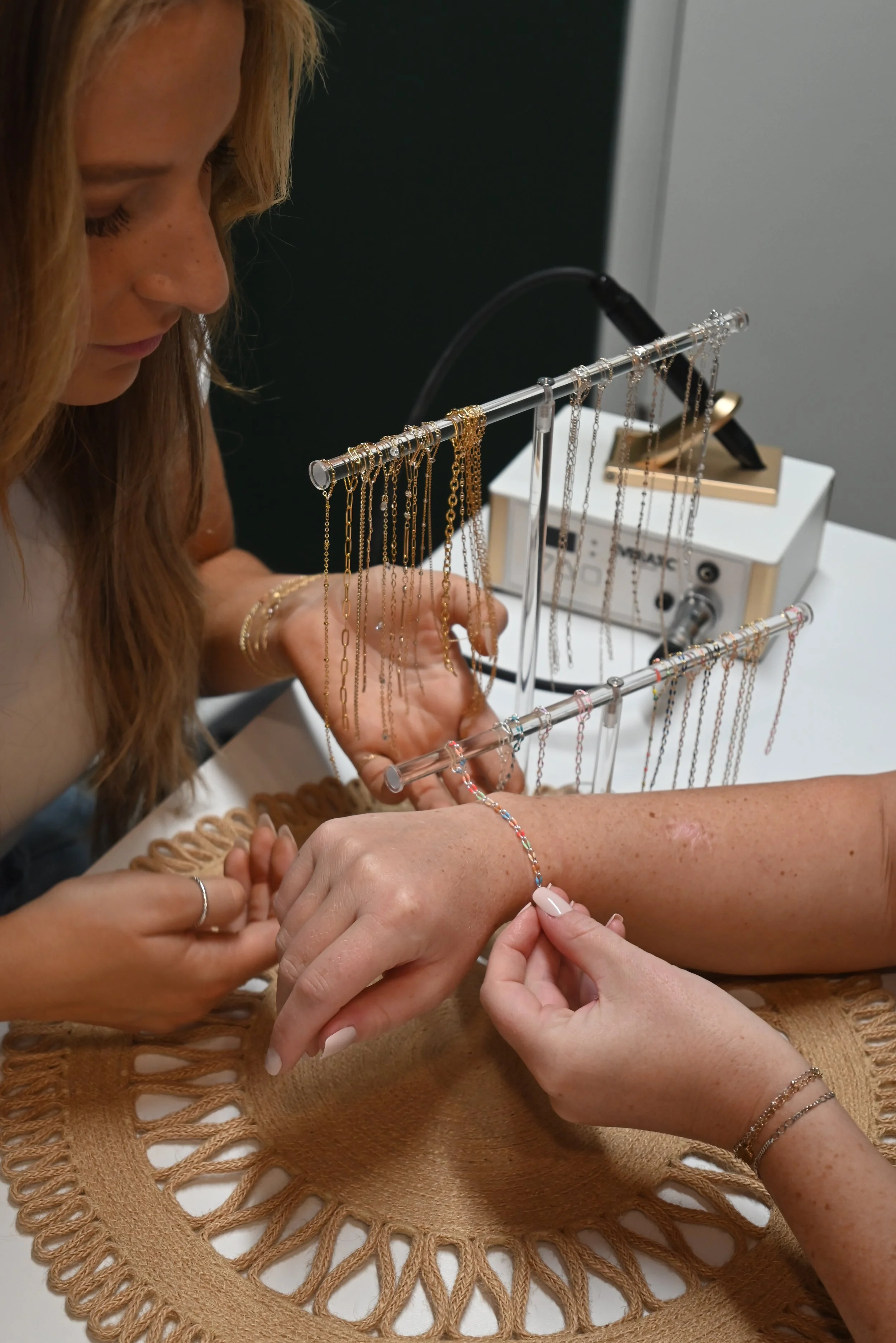 Permanent jewelry by Braze Permanent Jewelry in Broomall, PA, offering custom bracelets, anklets, necklaces, hand chains, charms, private parties and pop-up events.
