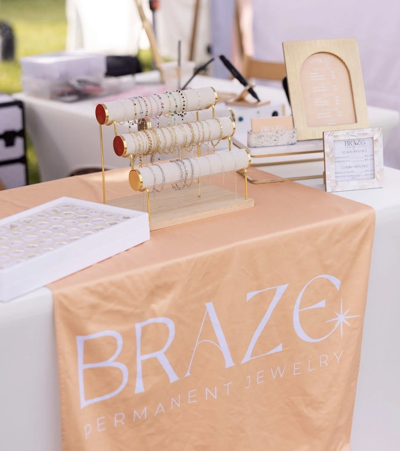 Permanent jewelry by Braze Permanent Jewelry in Broomall, PA, offering custom bracelets, anklets, necklaces, hand chains, charms, private parties and pop-up events.