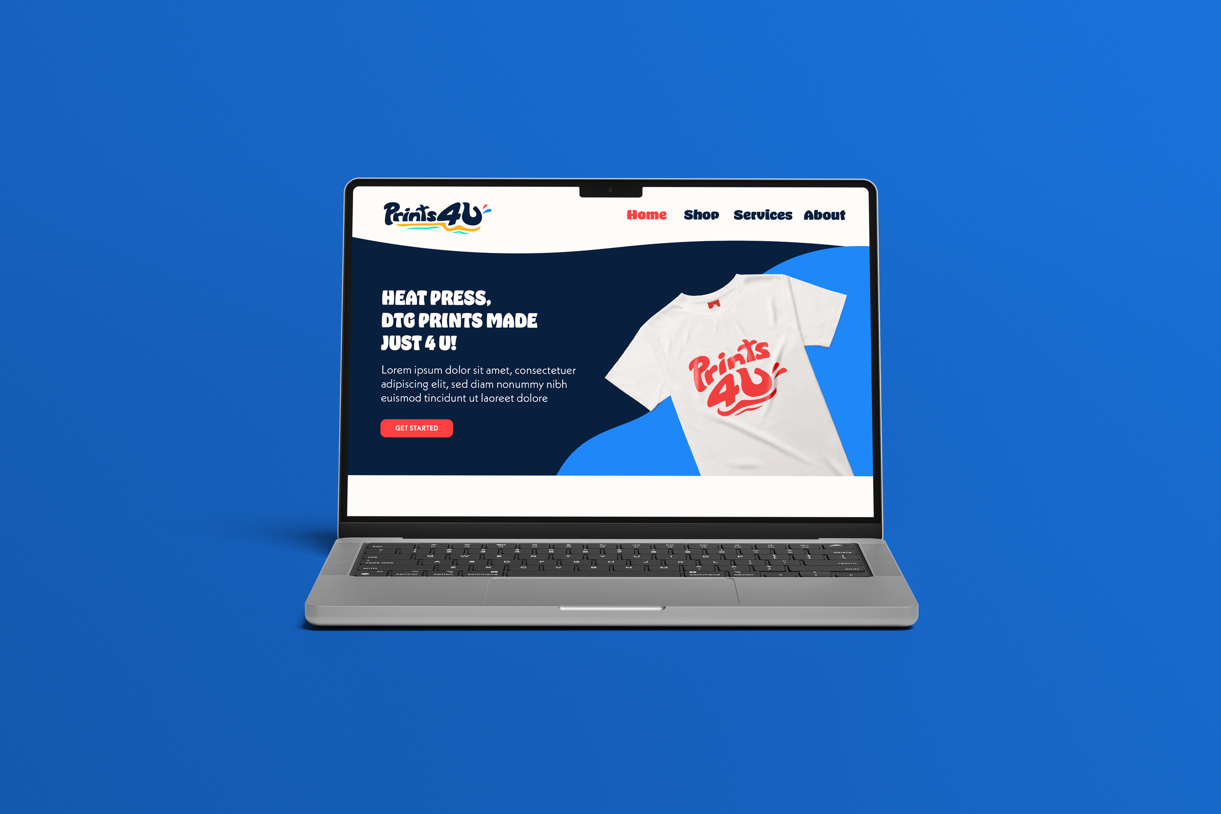 Laptop displaying a website for Prints4U, featuring a white t-shirt with red printed logo, on a blue background.