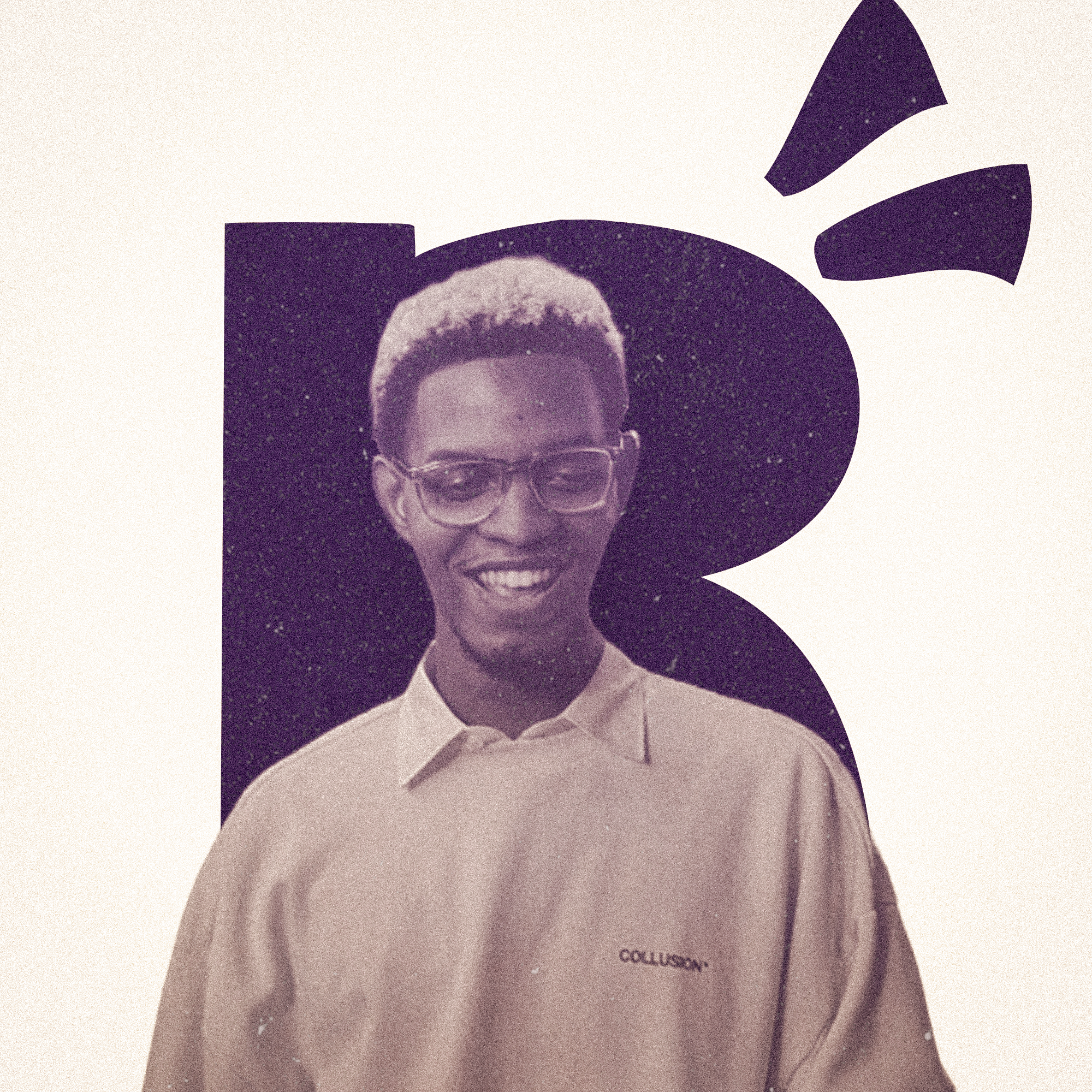 Close-up of a woman with short afro hairstyle, glasses, smiling, wearing a white shirt with black collar, standing in front of a black circular background with stars and abstract shapes.