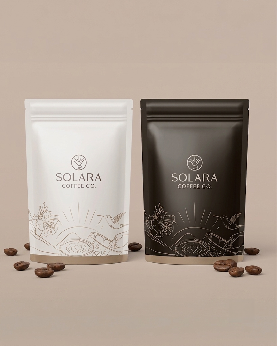 Two bags of Solara Coffee Co., one white and one black, are displayed side by side on a beige surface with scattered coffee beans around them. The packaging features a minimalist line drawing of a coffee scene with a hummingbird, cappuccino, and flow