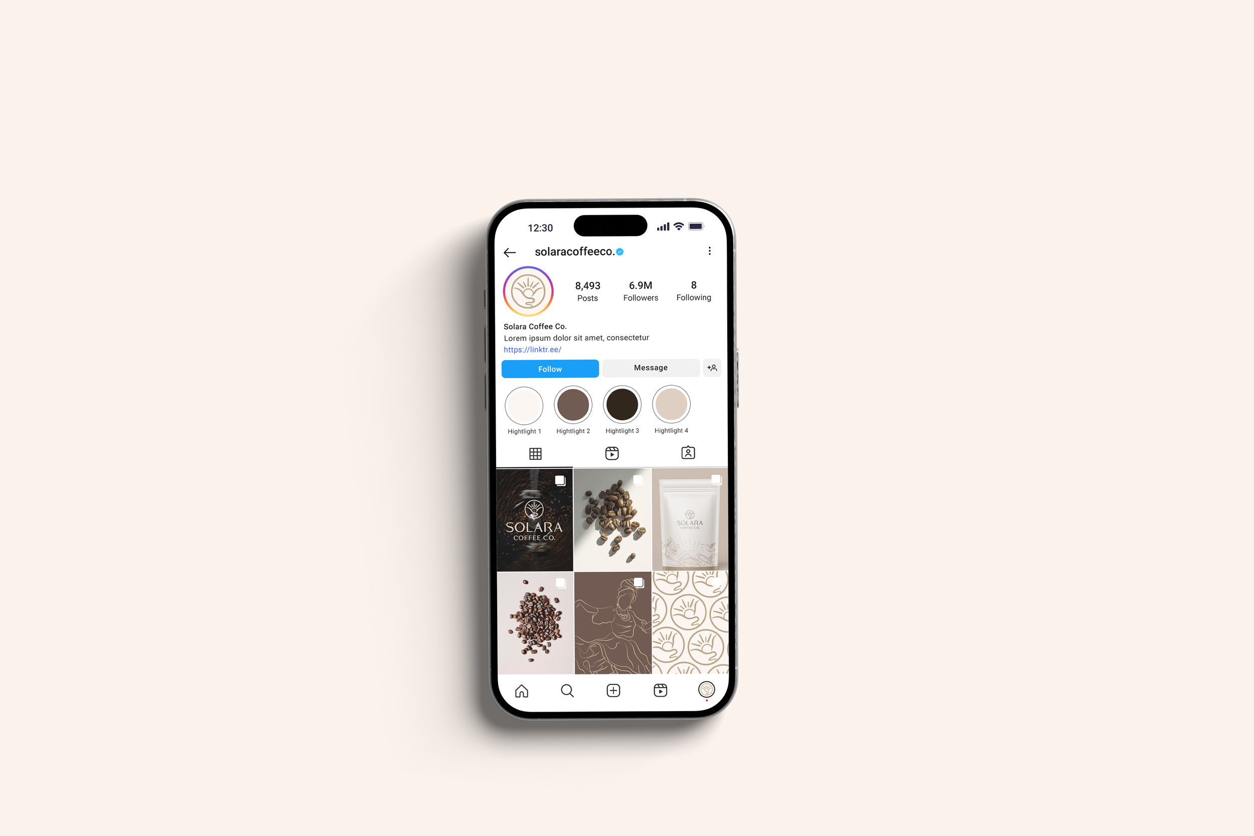 A smartphone displaying an Instagram profile for Solara Coffee Co., with tabs for posts, followers, and following, and a grid of images including coffee beans, a coffee cup, and related graphics.