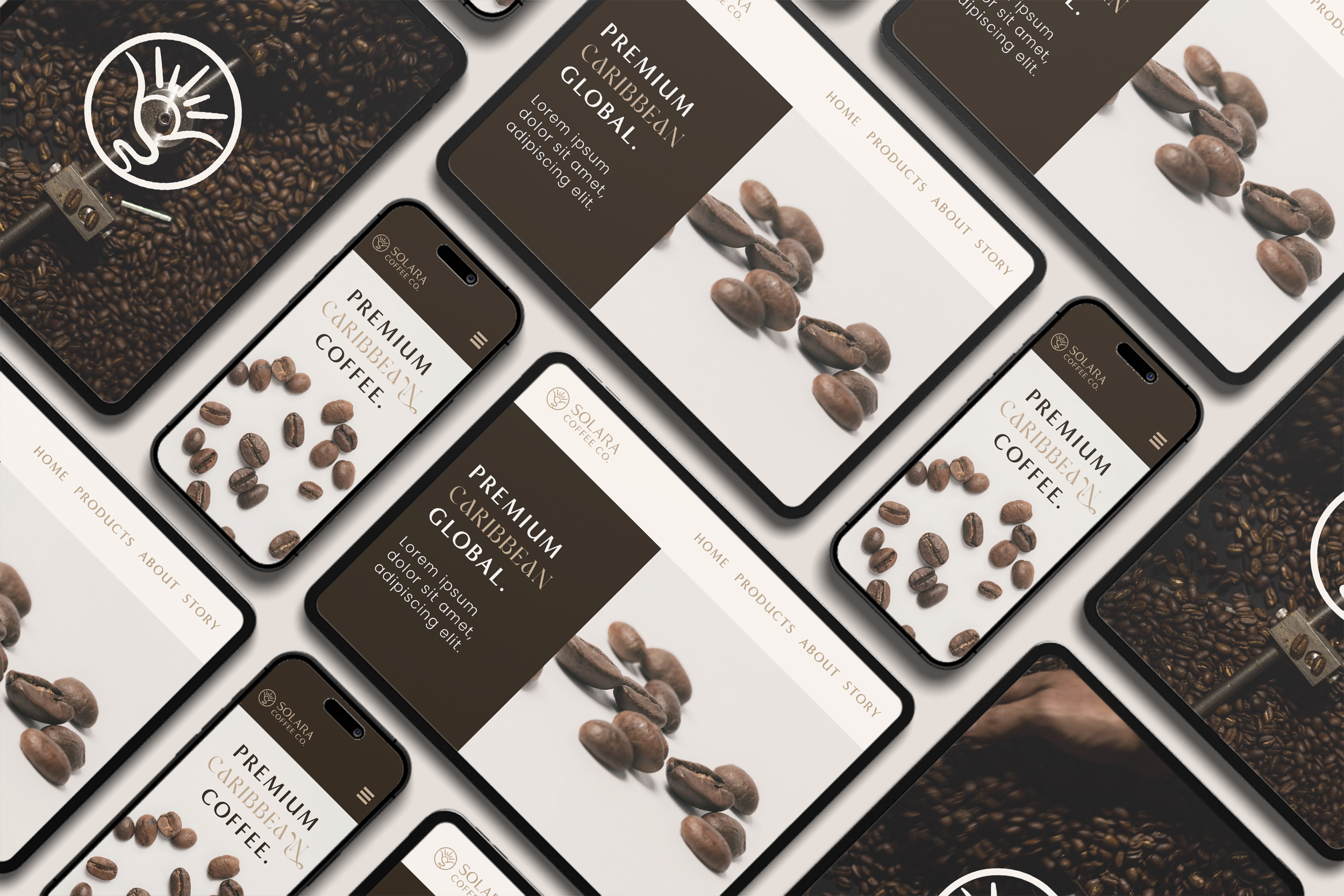 Multiple smartphones display a coffee company's website with images of coffee beans and text about premium Caribbean global coffee, arranged in a collage.
