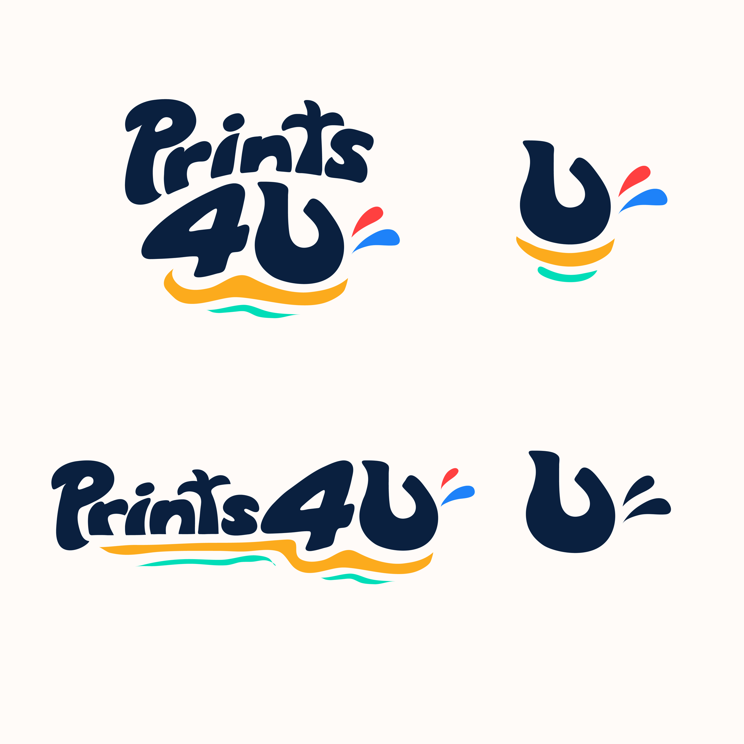 Celebration logo with the text 'Prints4U' in bold, dark blue letters, decorated with multicolored water splash accents in red, blue, orange, yellow, and teal.