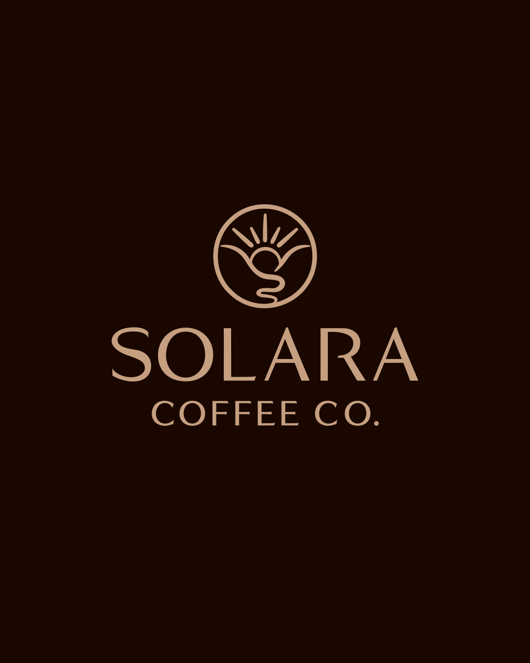 Solara Coffee Co. logo on a brown background, featuring a stylized sun and mountain icon above the company name.