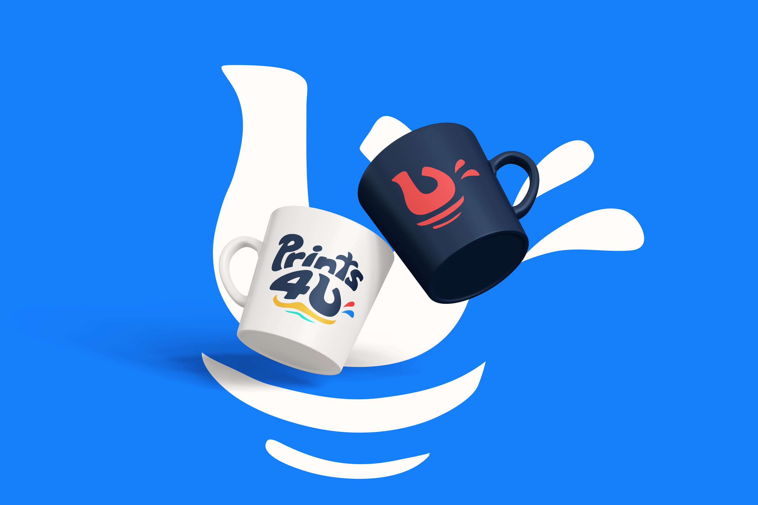 Two coffee mugs, one white with 'Prints 41' written on it and a rainbow graphic, and one black with a red smiling face, are spilling white liquid against a blue background.