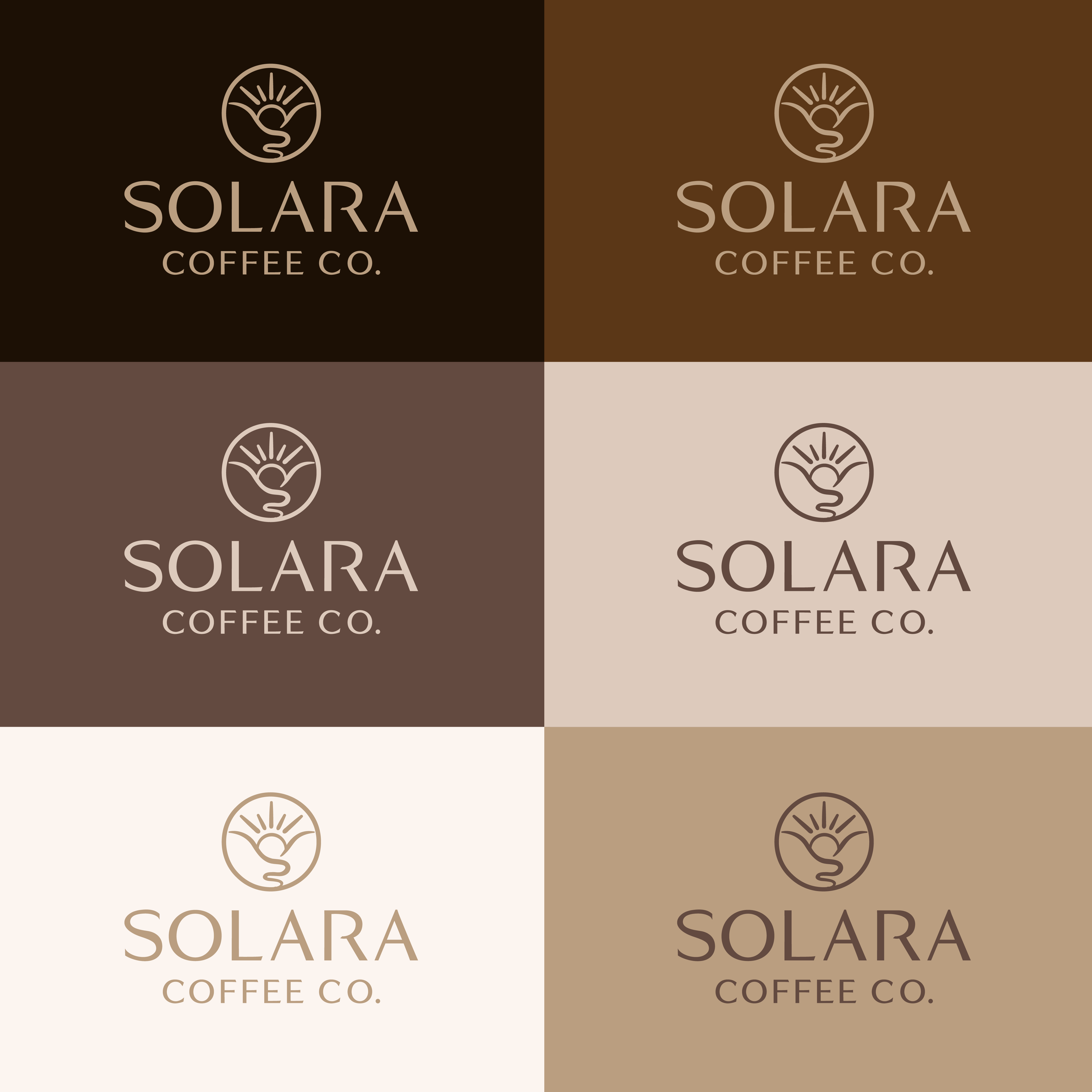 Four panels of Solara Coffee Co. logos in different shades of brown with the coffee company's name and a sun and mountain icon.