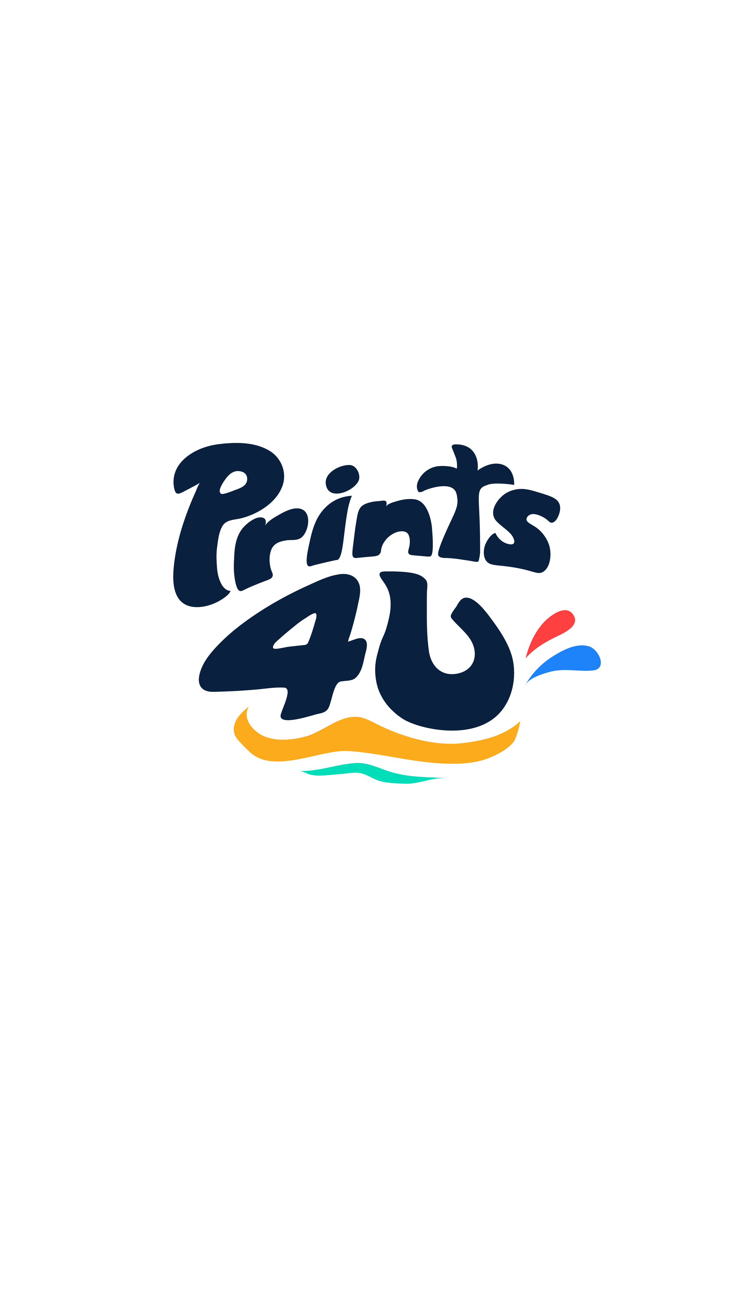 The logo for Prints4U features stylized navy blue text with colorful accent elements, including red, blue, orange, and teal lines resembling paint splashes or waves.