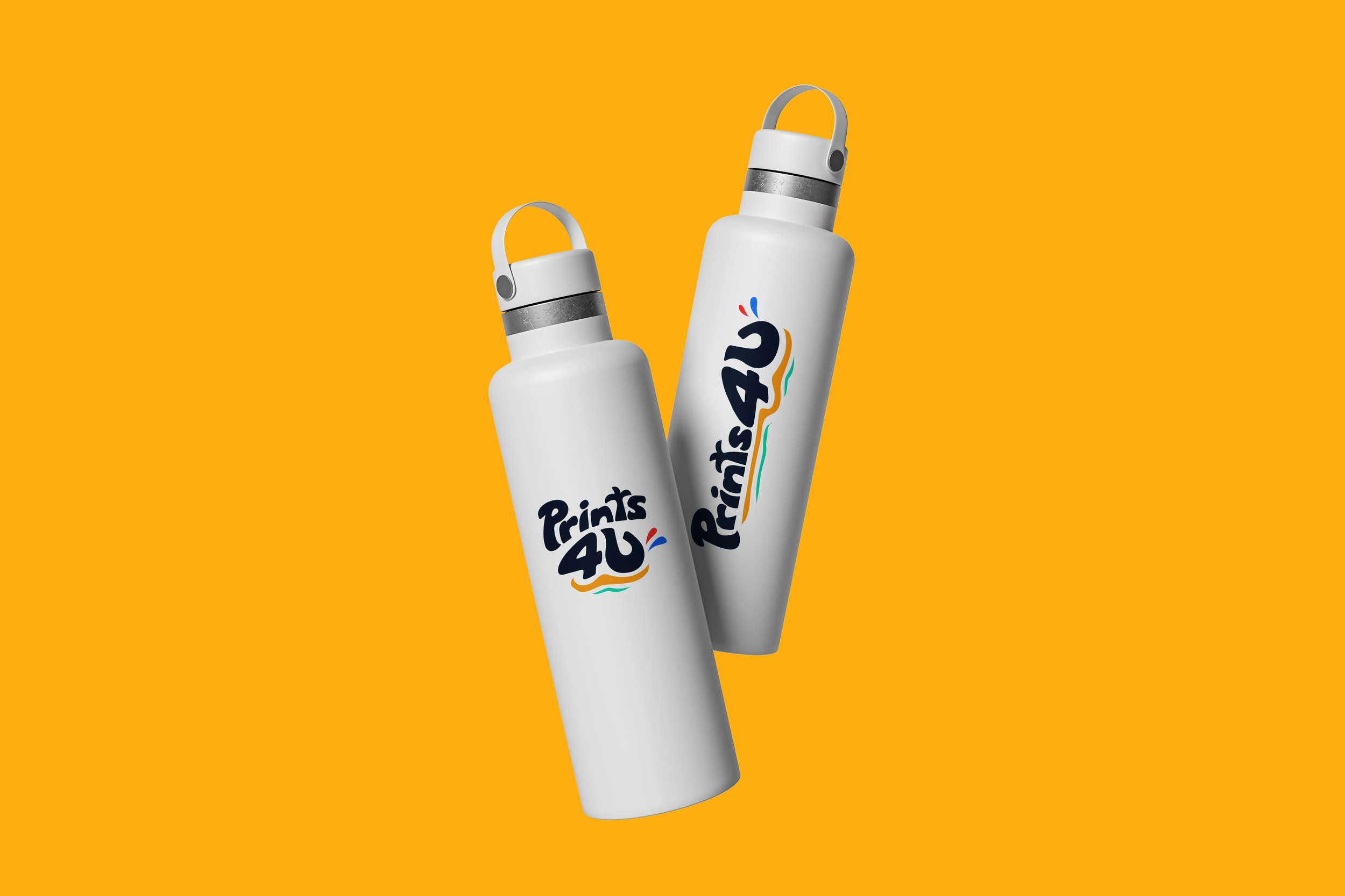 Two white bottles with a logo that reads "Prints4U" against an orange background.