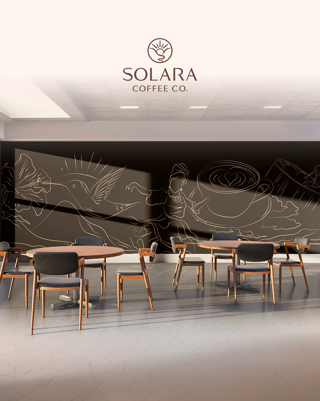 Cafe interior with a black chalkboard wall featuring line art illustrations of a hummingbird, a woman, and a coffee cup; wooden tables and chairs in front; upper wall displays the Solara Coffee Co. logo.