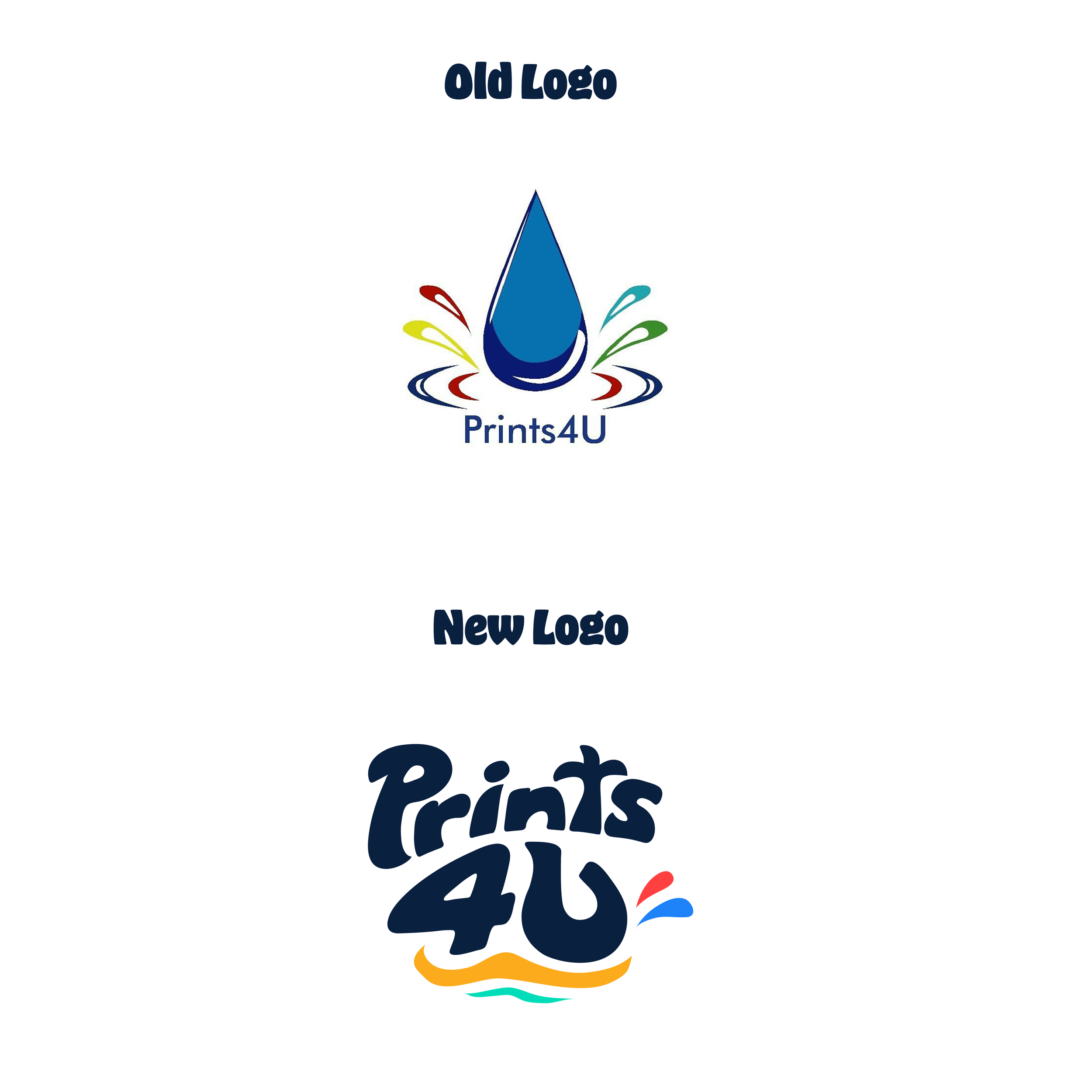 Comparison of an old logo and a new logo for Prints4U, with the old logo on top and the new logo below, both featuring a water droplet design surrounded by colorful splash marks.