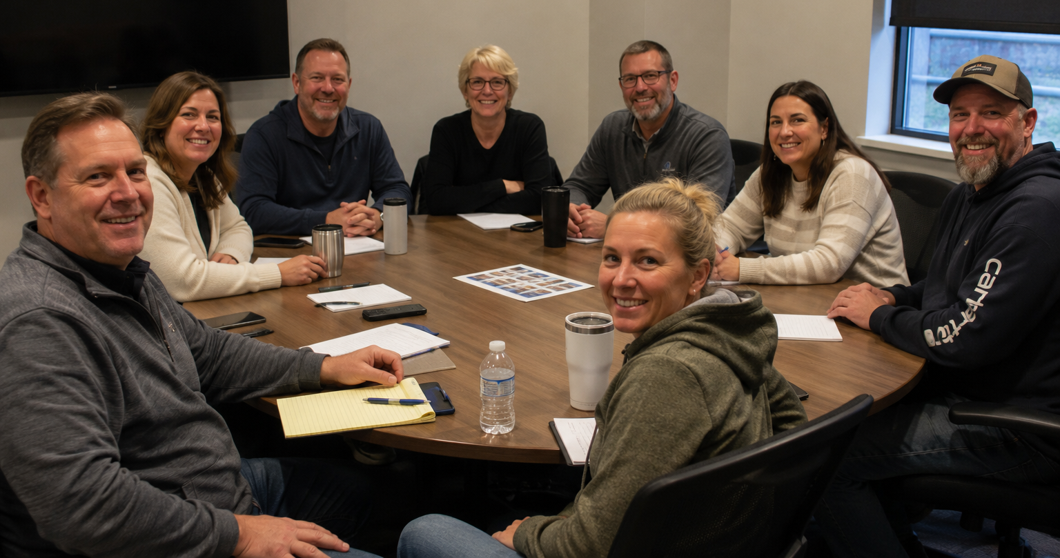 Group of ten people around a conference table in a meeting room, smiling at the camera.