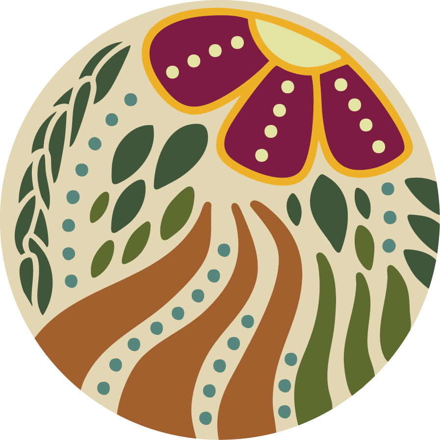 Stylized illustration of a yellow and purple flower with green leaves, brown and beige wavy lines, and dotted accents on a light background.