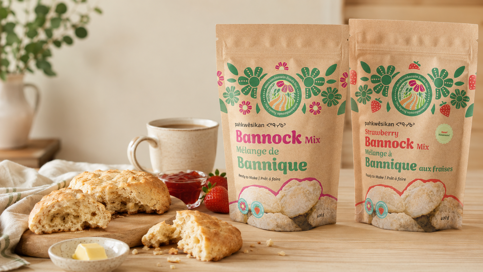 Two packages of Bannock Mix, one strawberry and one plain, on a wooden table with broken bannock bread, strawberries, a small dish of butter, a cup of coffee, and a small bowl of jam in the background.