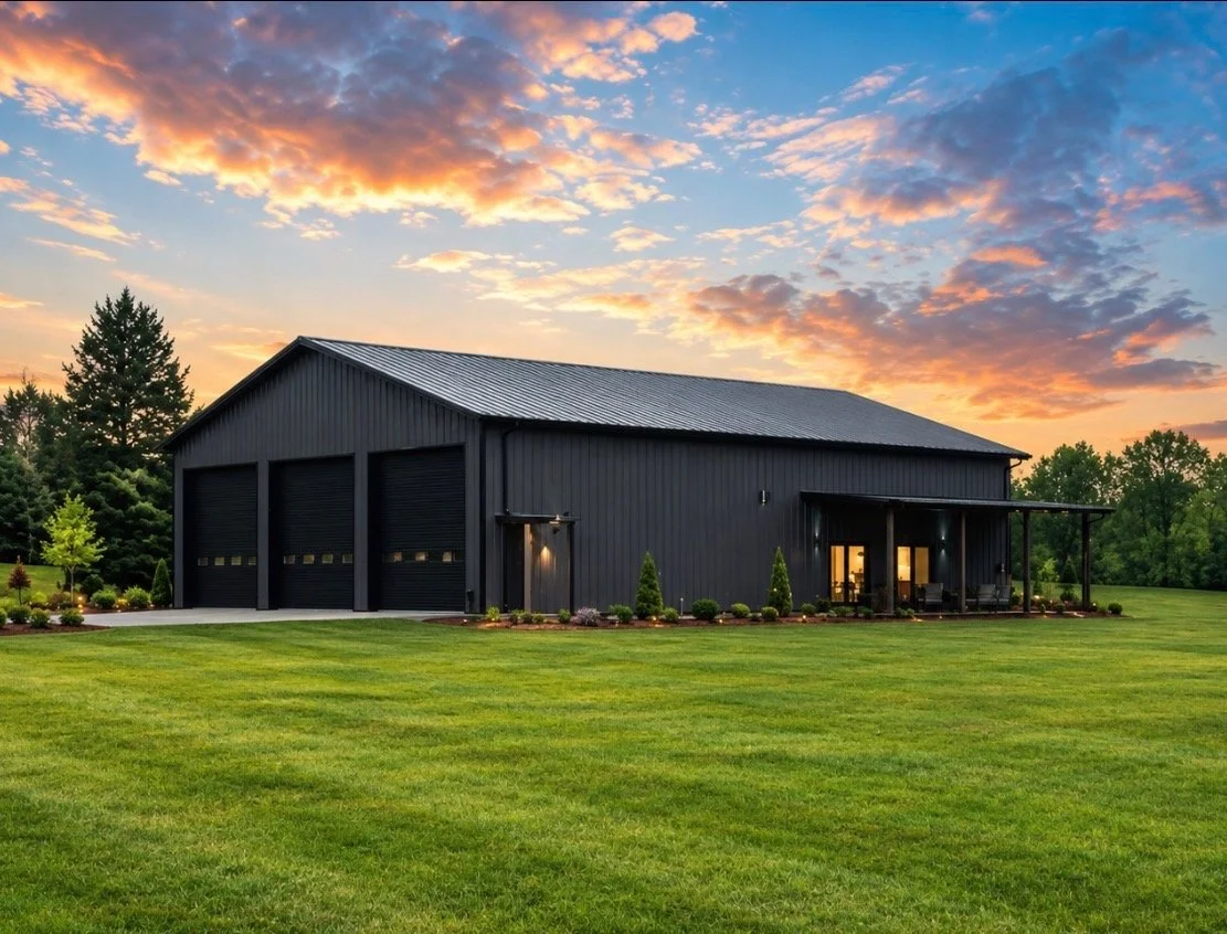 Large black metal barn with three garage doors, a side entrance, and a patio with seating, set on a well-manicured lawn with trees in the background and a colorful sunset sky.