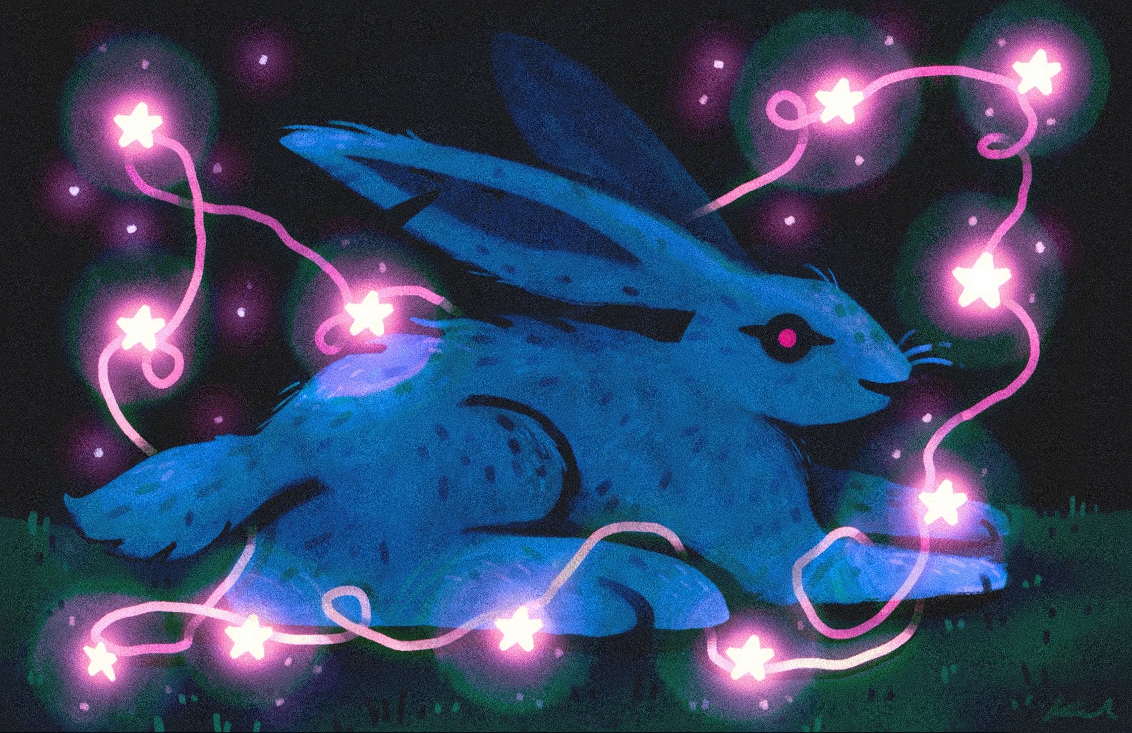 A blue fox with black eyes and black nose, surrounded by pink string lights with star-shaped bulbs, set against a dark background.