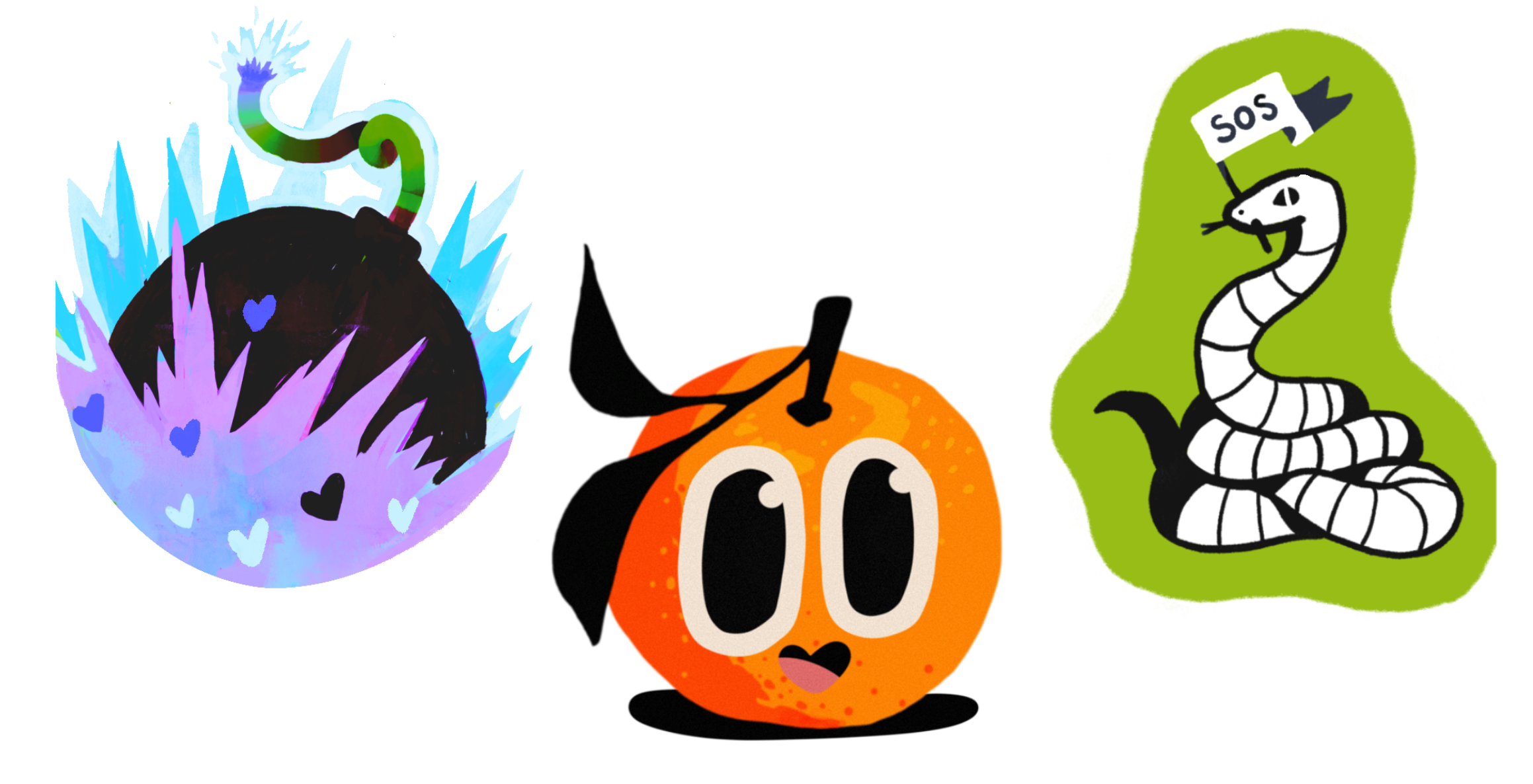 Colorful Halloween-themed illustrations of a black cat, a pumpkin with a face, a snake, and a purple monster with hearts, all cartoon-style.