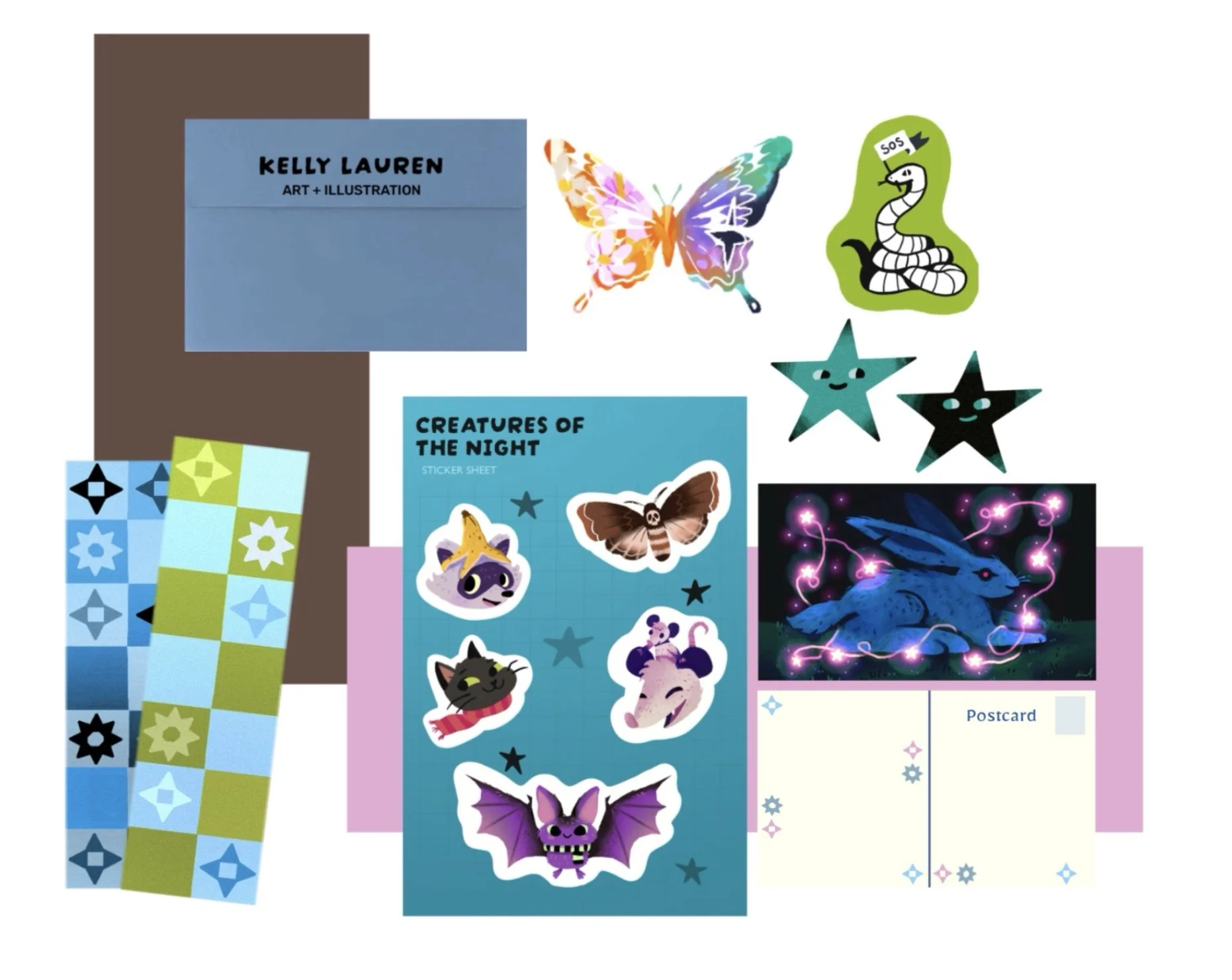 Various colorful stickers featuring animals, stars, butterflies, and decorative designs, some on postcards and sheets.