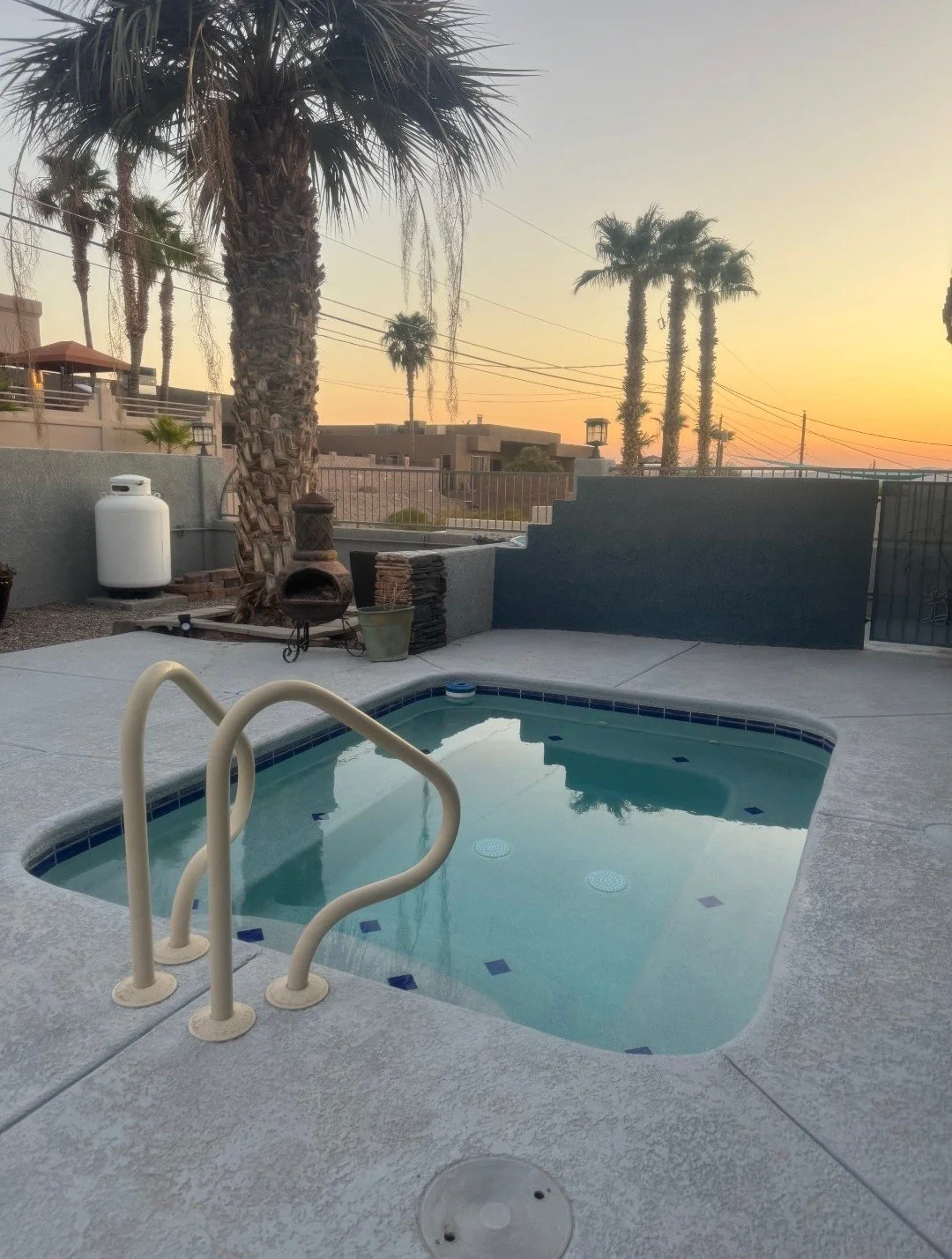 A small swimming pool with metal handrails, set in a concrete deck, with a palm tree and patio in the background during sunset.
