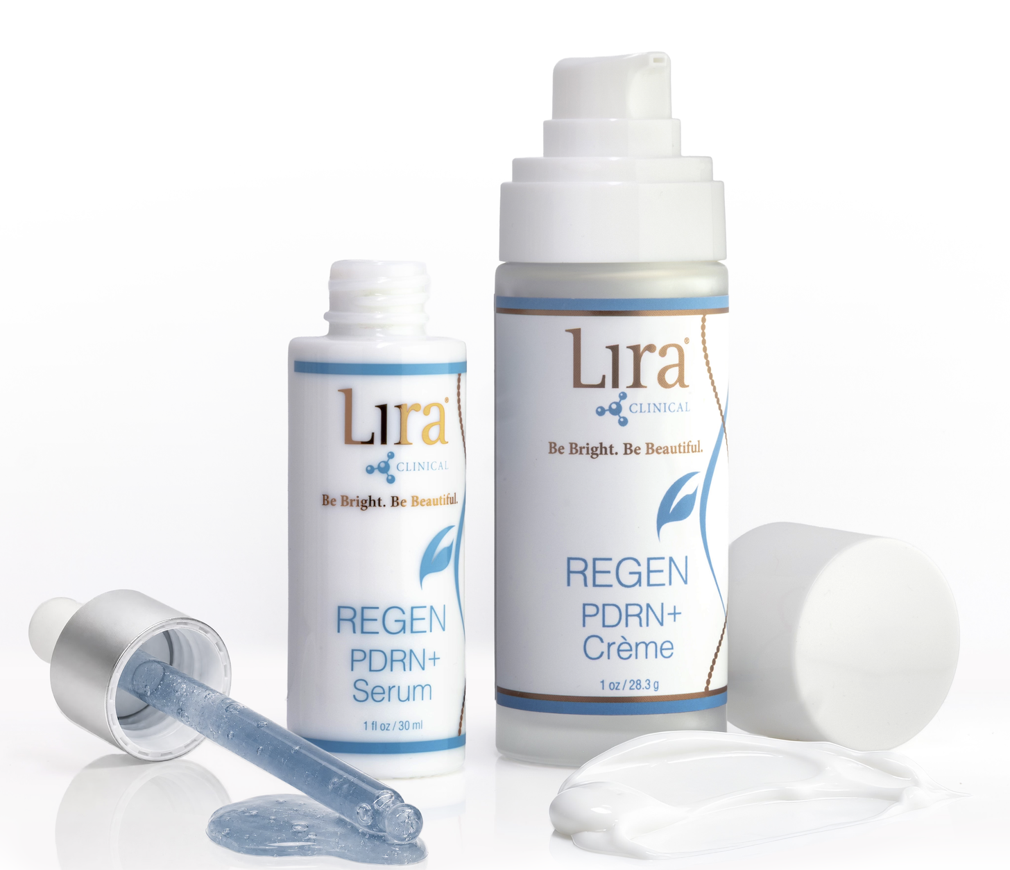 Two white skincare bottles labeled Lira Clinical, one with a dropper and the other with a pump, alongside open white caps and a spilled gel on a white surface.