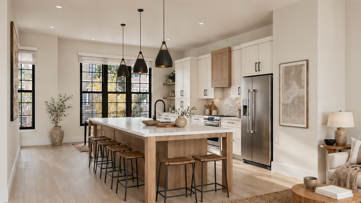 Kitchen with oak island and Carrara quartz