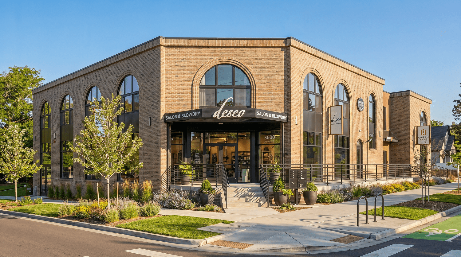 3600 W. 29th Ave., corner elevation in brick with arched windows and ground-floor retail