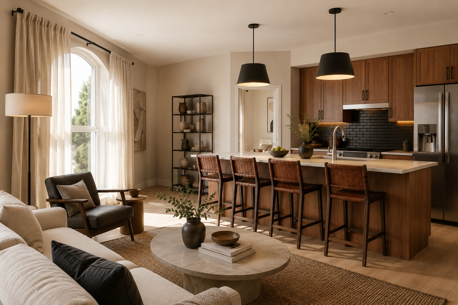 Kitchen and living space with island seating