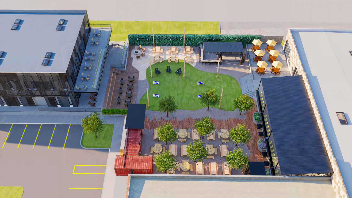 Aerial overhead rendering of the Lincoln Station site, courtyard, and beer garden